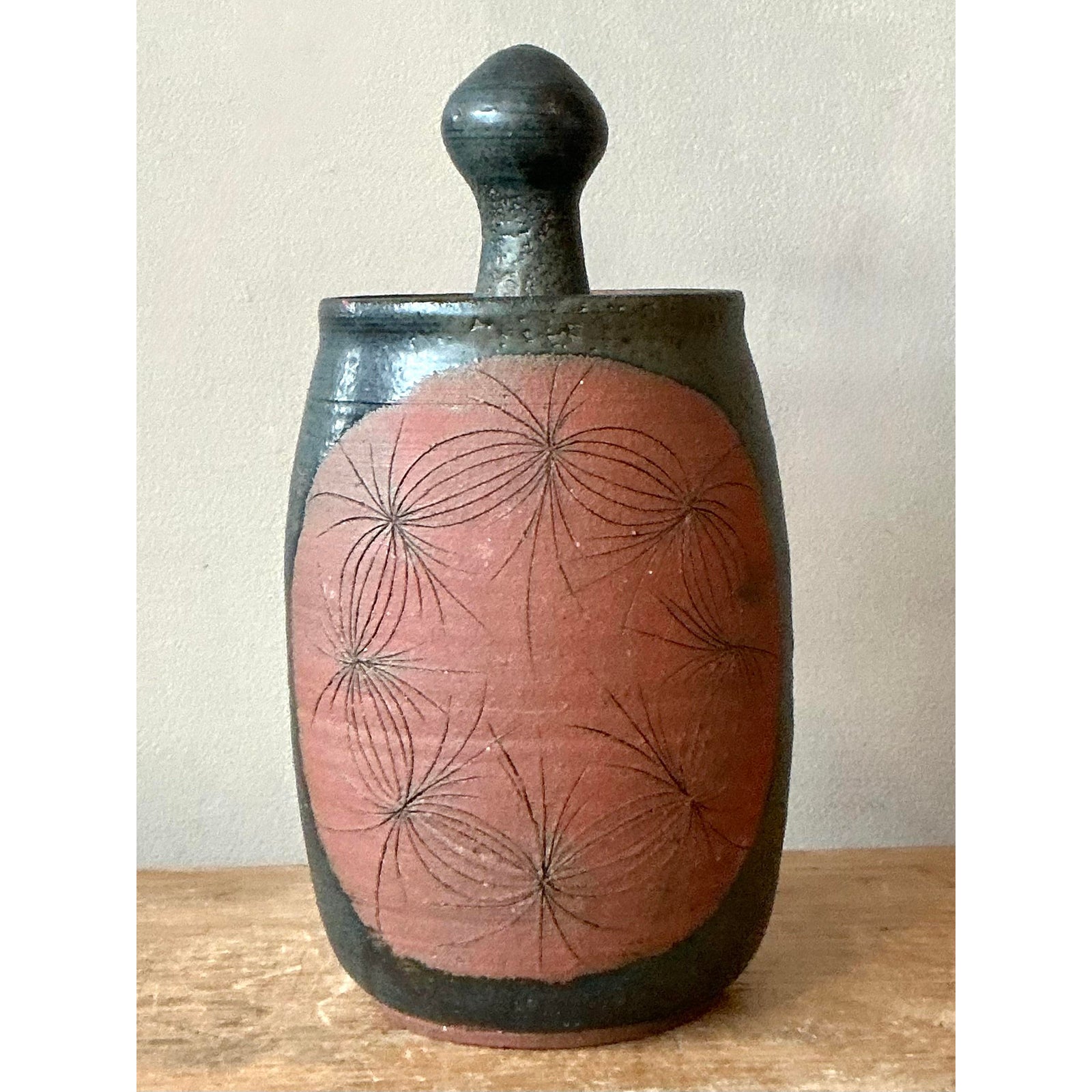 Vintage Boho Original Studio Pottery Lidded Vase` - Side view