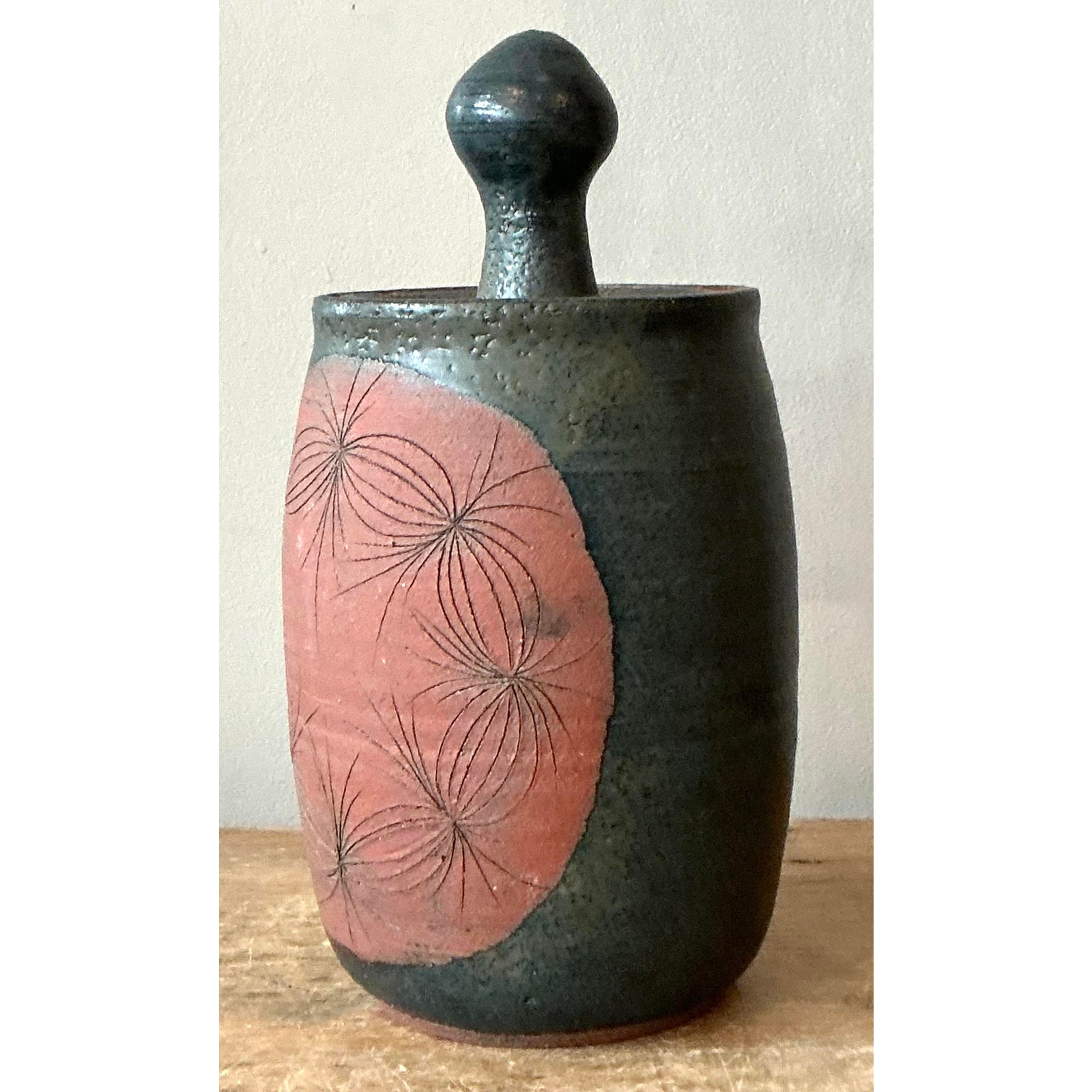 Vintage Boho Original Studio Pottery Lidded Vase` - Top view