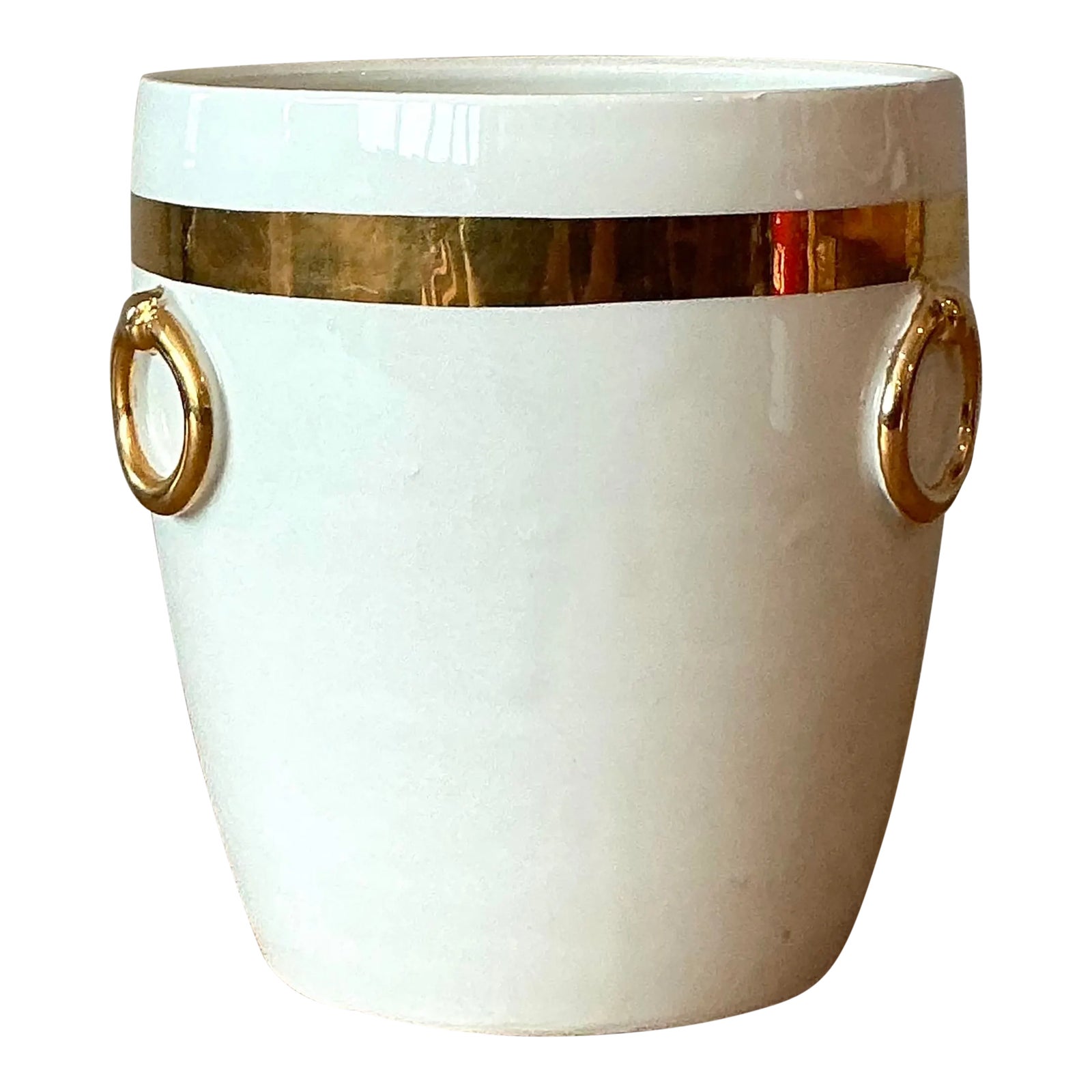 Vintage Boho Italian Glazed Ceramic Gold Rings Cache Pot