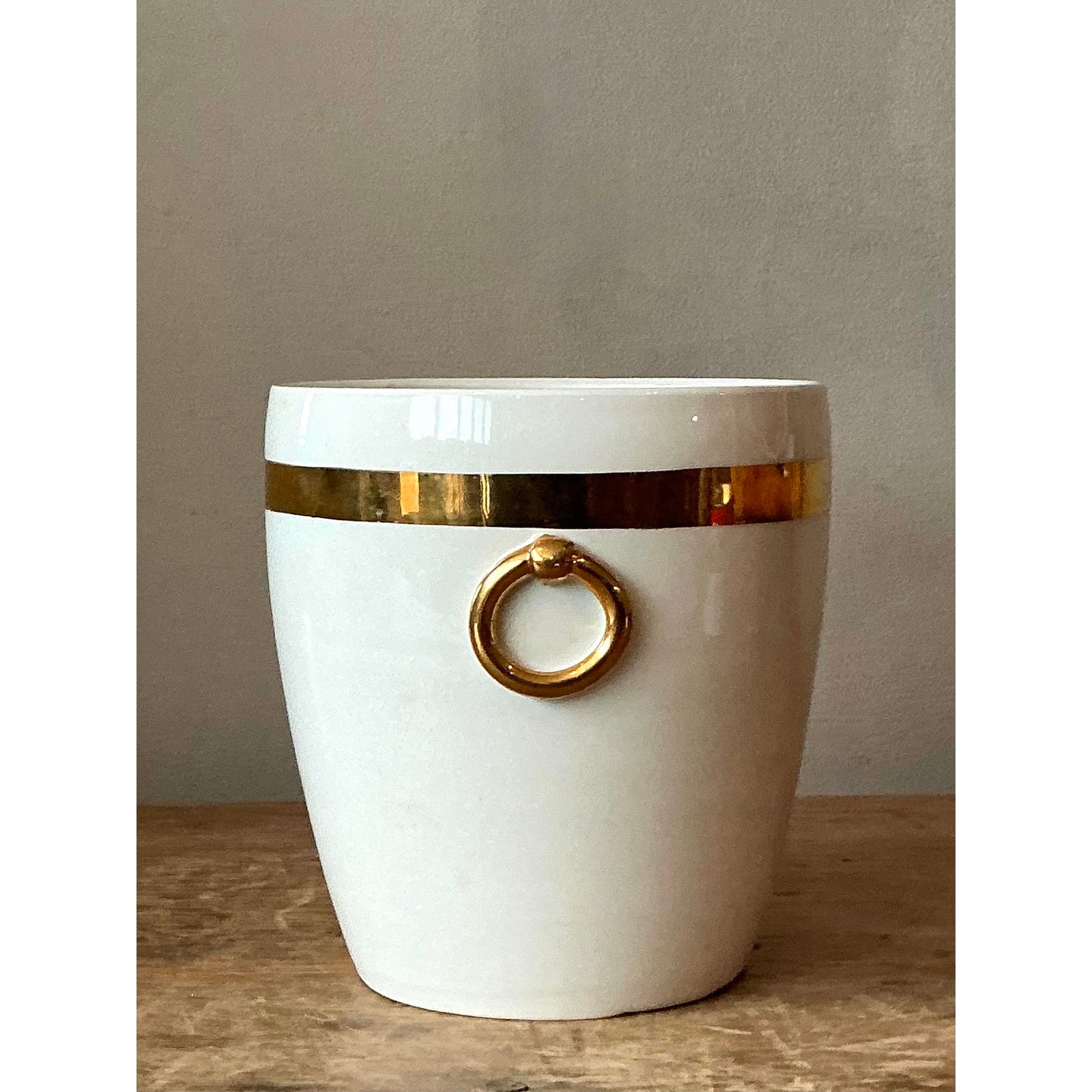 Vintage Boho Italian Glazed Ceramic Gold Rings Cache Pot - Back view