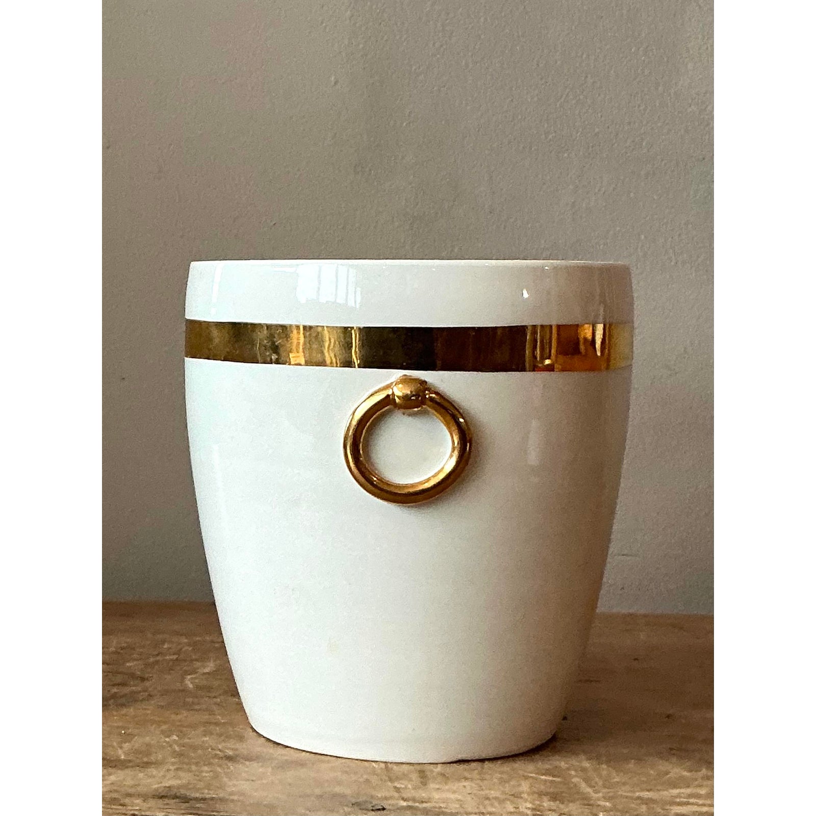 Vintage Boho Italian Glazed Ceramic Gold Rings Cache Pot - Top view