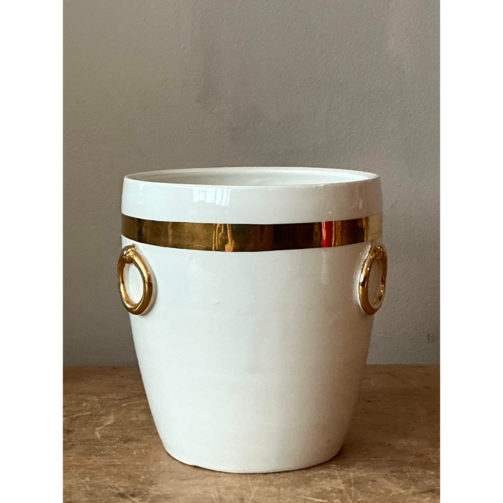 Vintage Boho Italian Glazed Ceramic Gold Rings Cache Pot - Side view