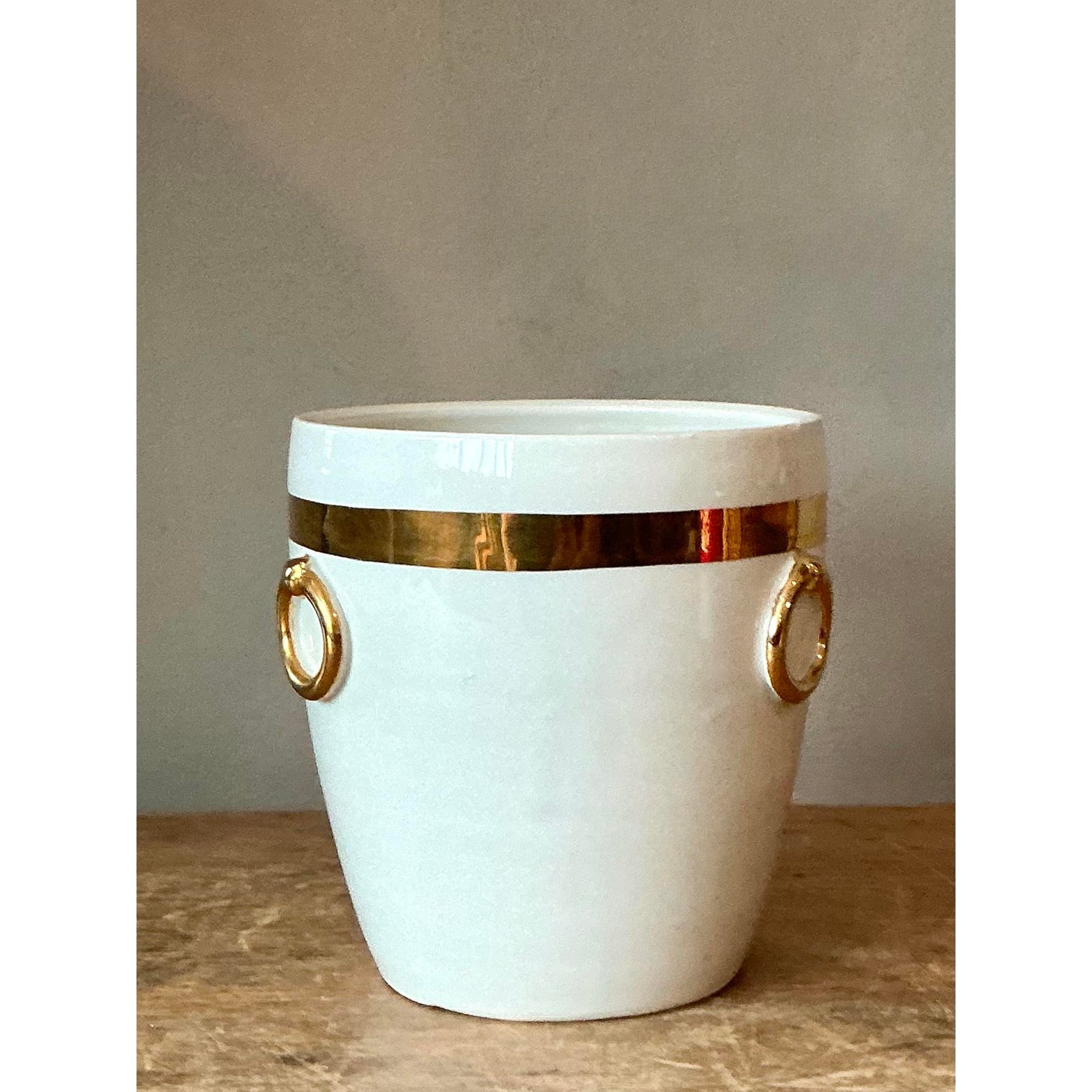 Vintage Boho Italian Glazed Ceramic Gold Rings Cache Pot - Detail view