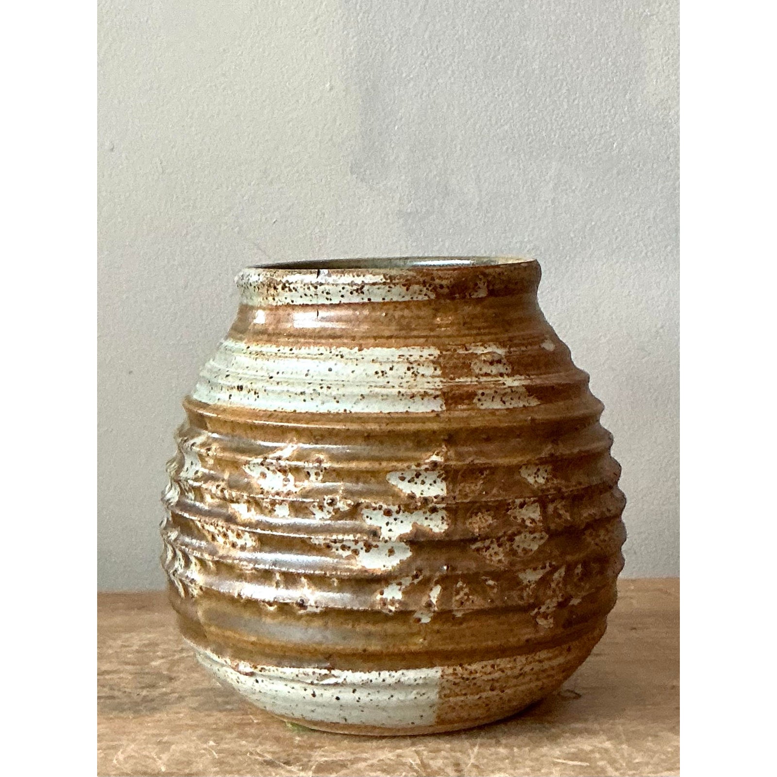 Vintage Boho Ribbed Studio Pottery Vase - Top view