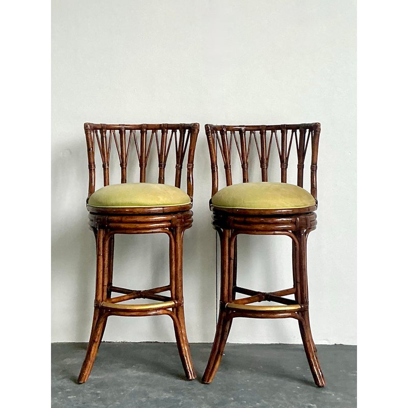 Vintage Boho Bent Rattan Bar Stools - A Pair - Top view