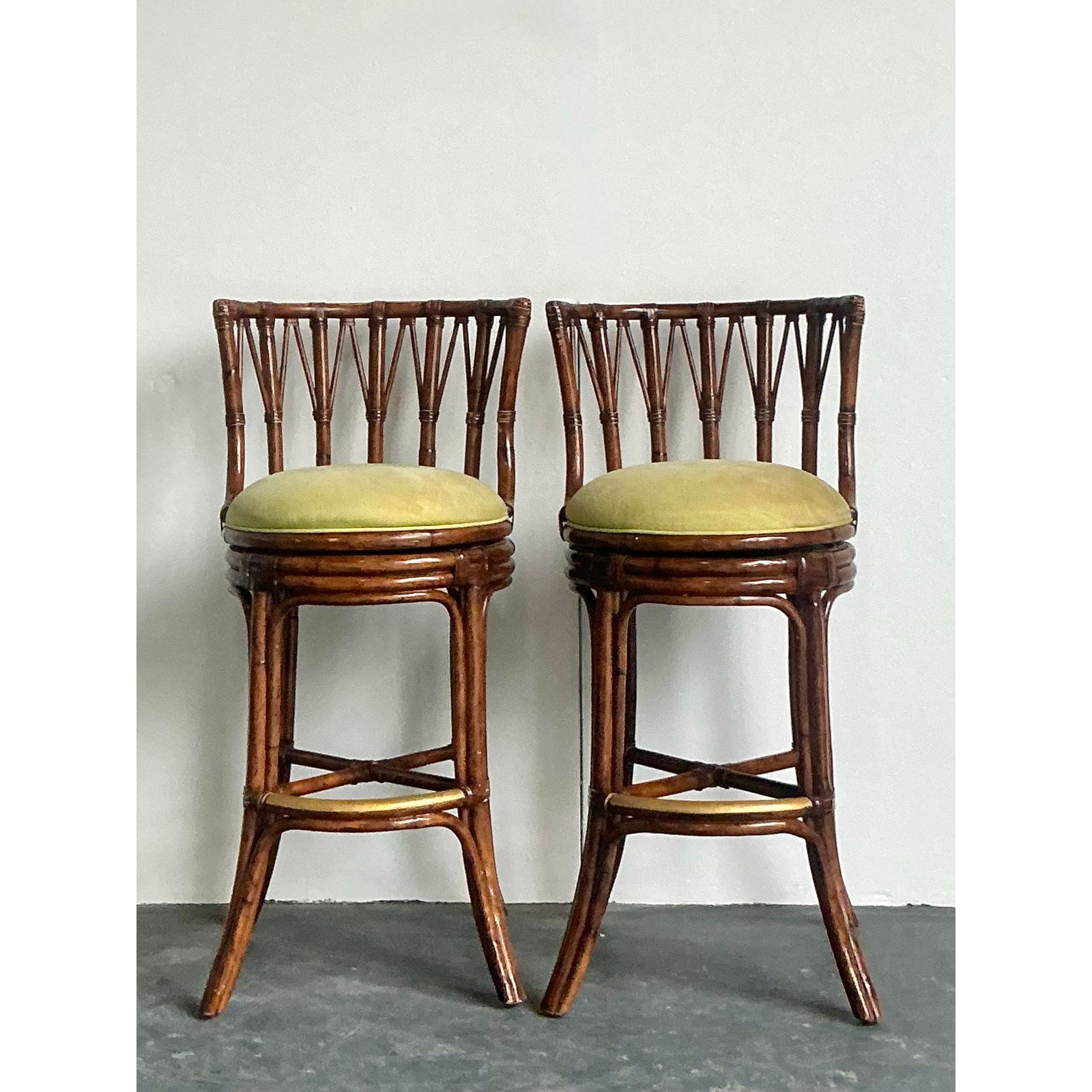 Vintage Boho Bent Rattan Bar Stools - A Pair - Side view