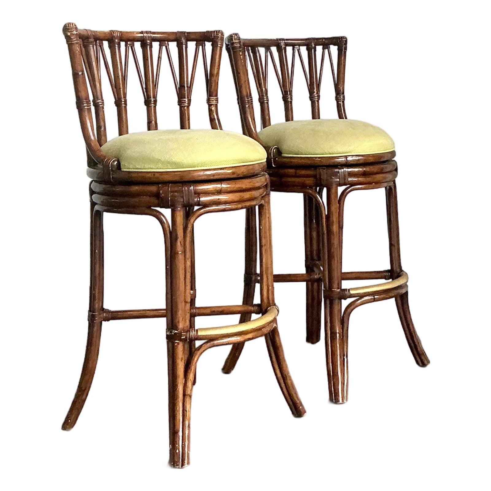 Vintage Boho Bent Rattan Bar Stools - A Pair