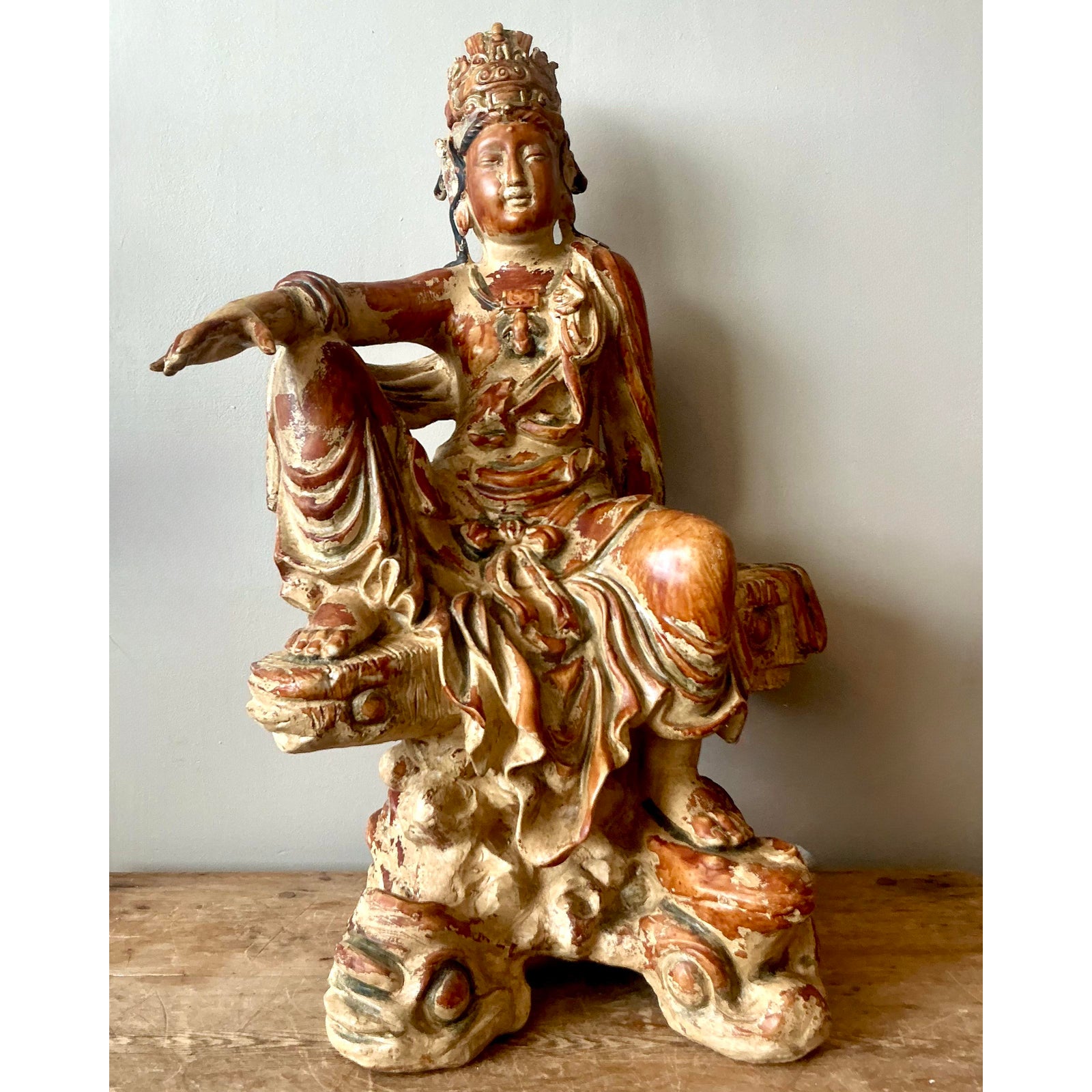 Vintage Asian Carved Wood Guanyin Statue - Top view