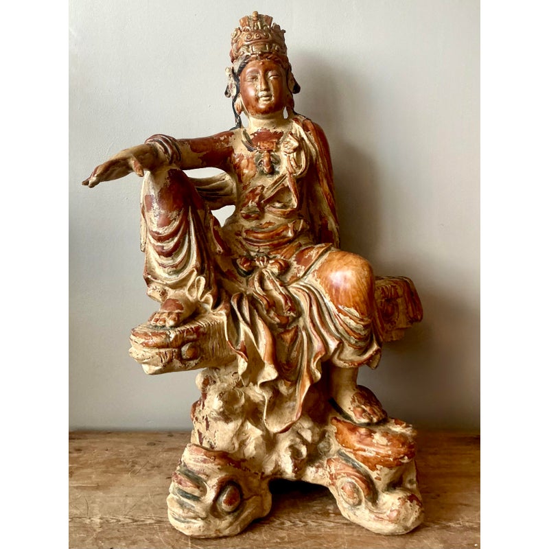 Vintage Asian Carved Wood Guanyin Statue - Side view