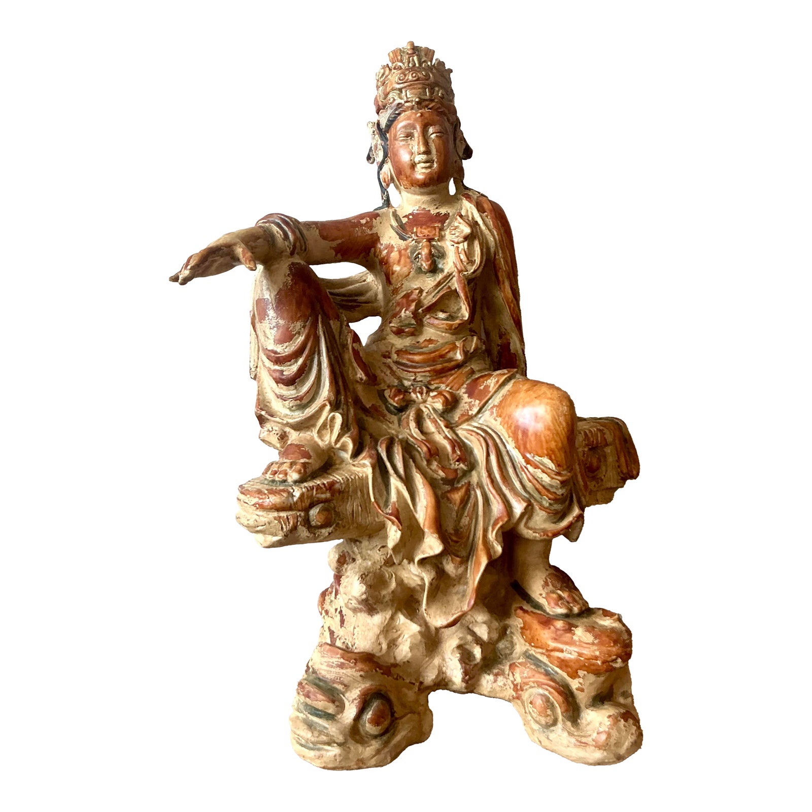 Vintage Asian Carved Wood Guanyin Statue
