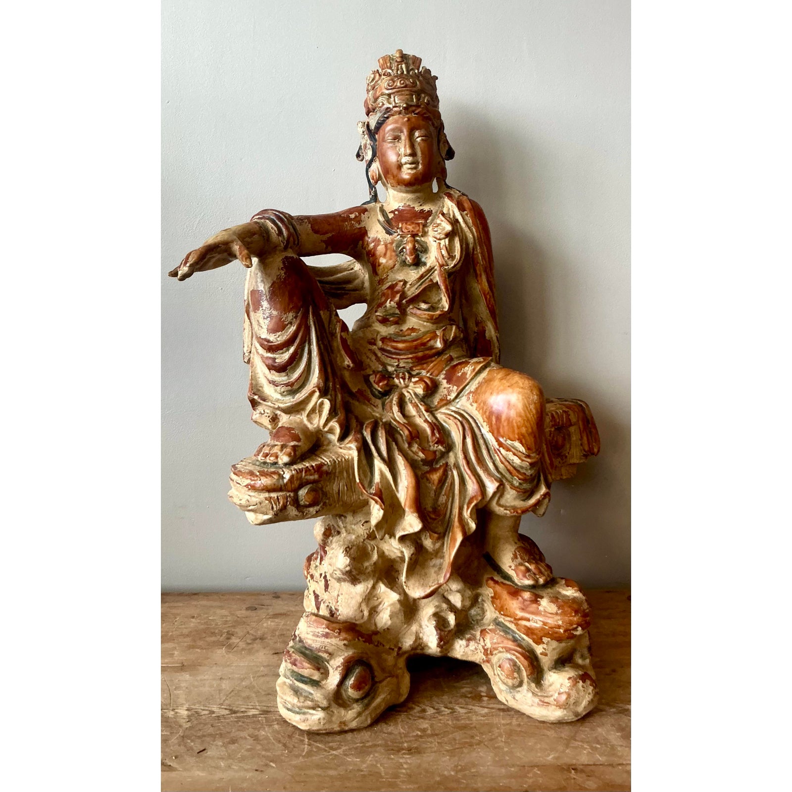 Vintage Asian Carved Wood Guanyin Statue - Detail view