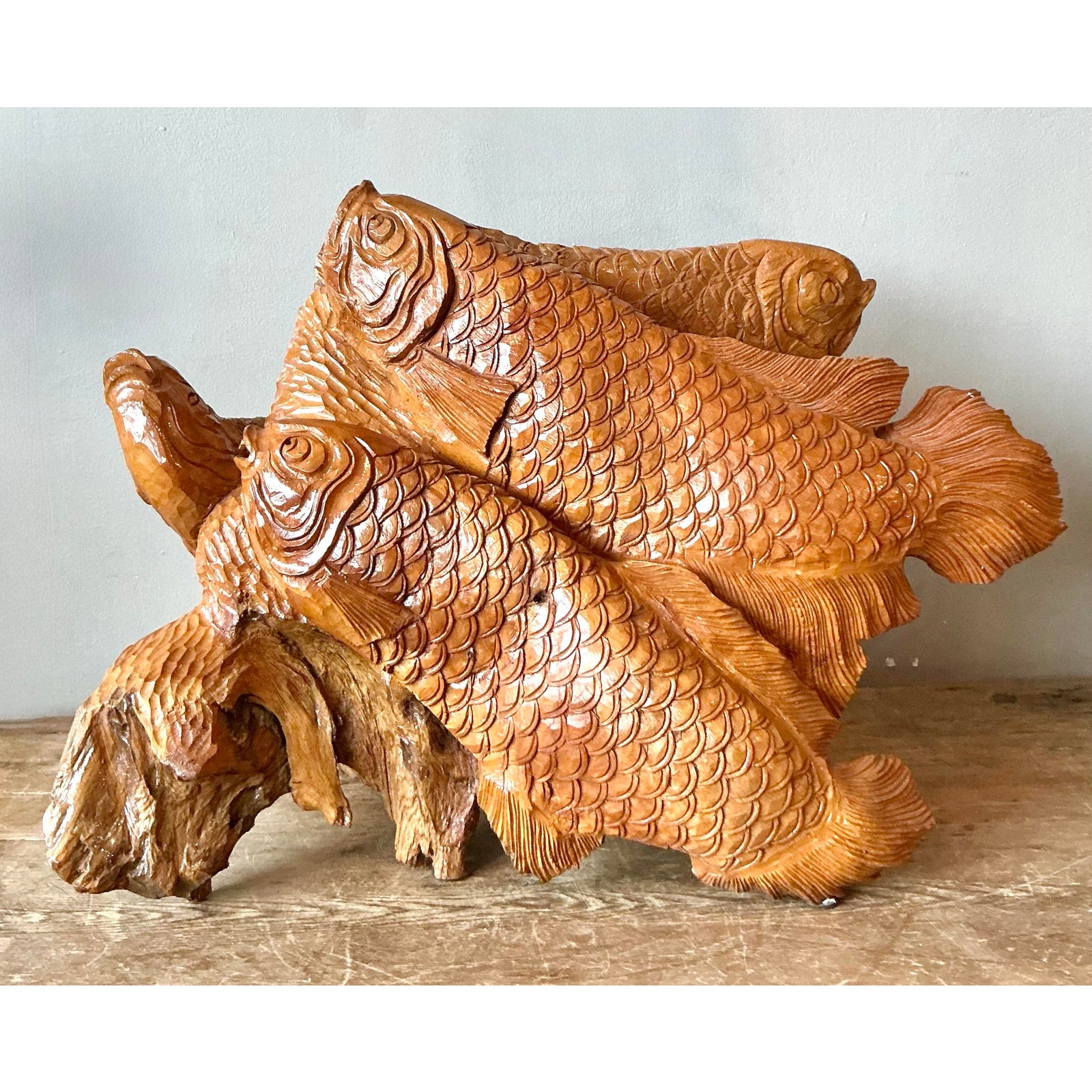 Vintage Boho Carved Trunk Koi Sculpture - Side view