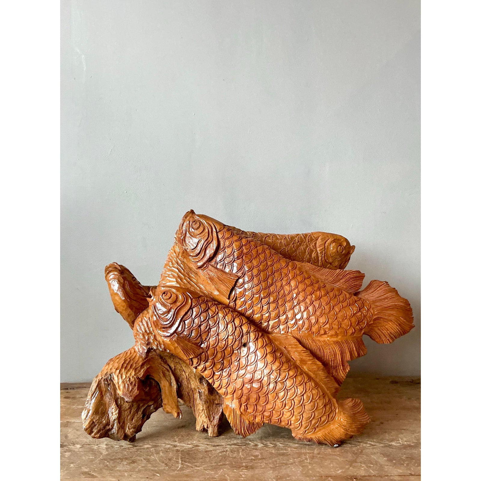 Vintage Boho Carved Trunk Koi Sculpture - Detail view