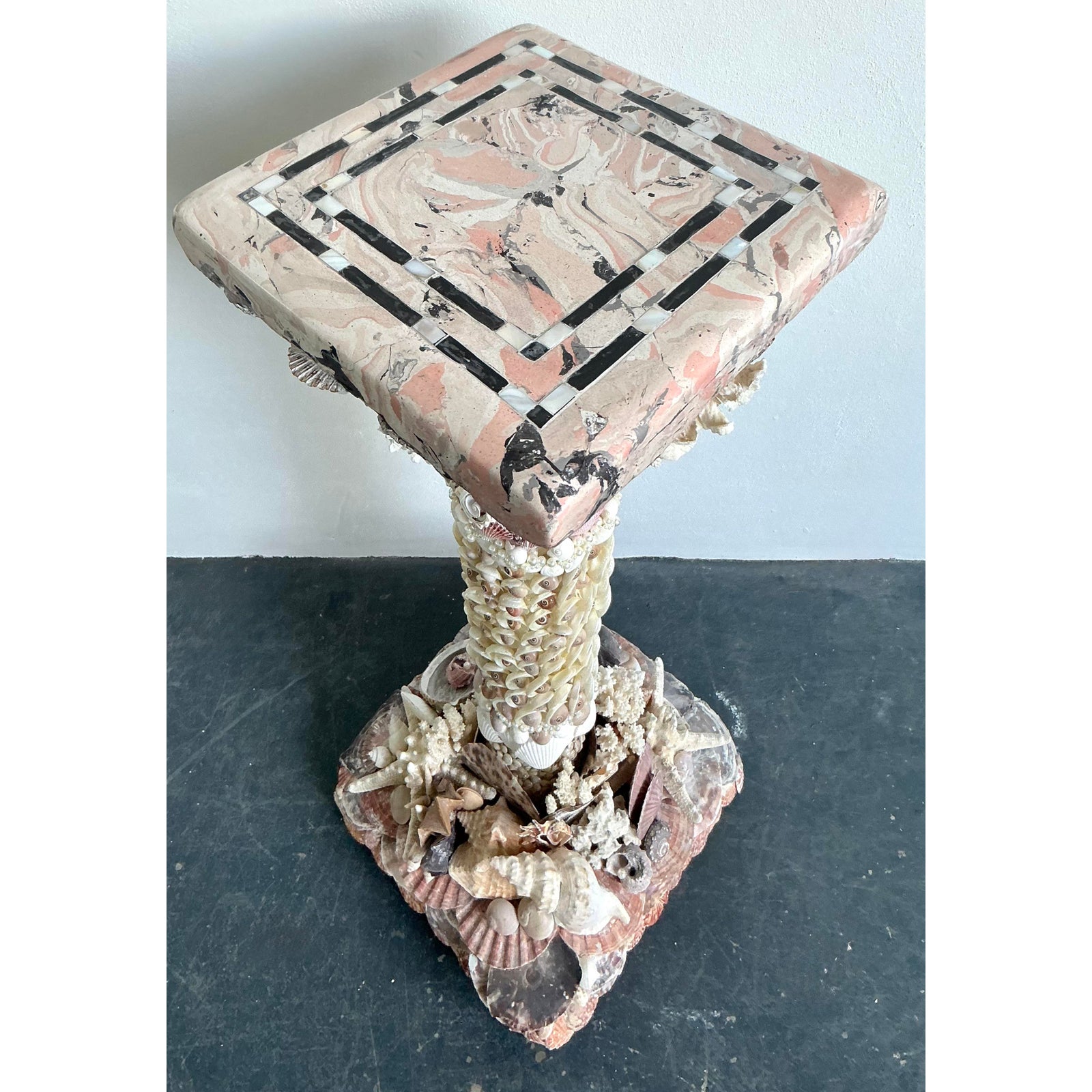Vintage Coastal Shell Encrusted Pedestal With Scagliola Top - Back view