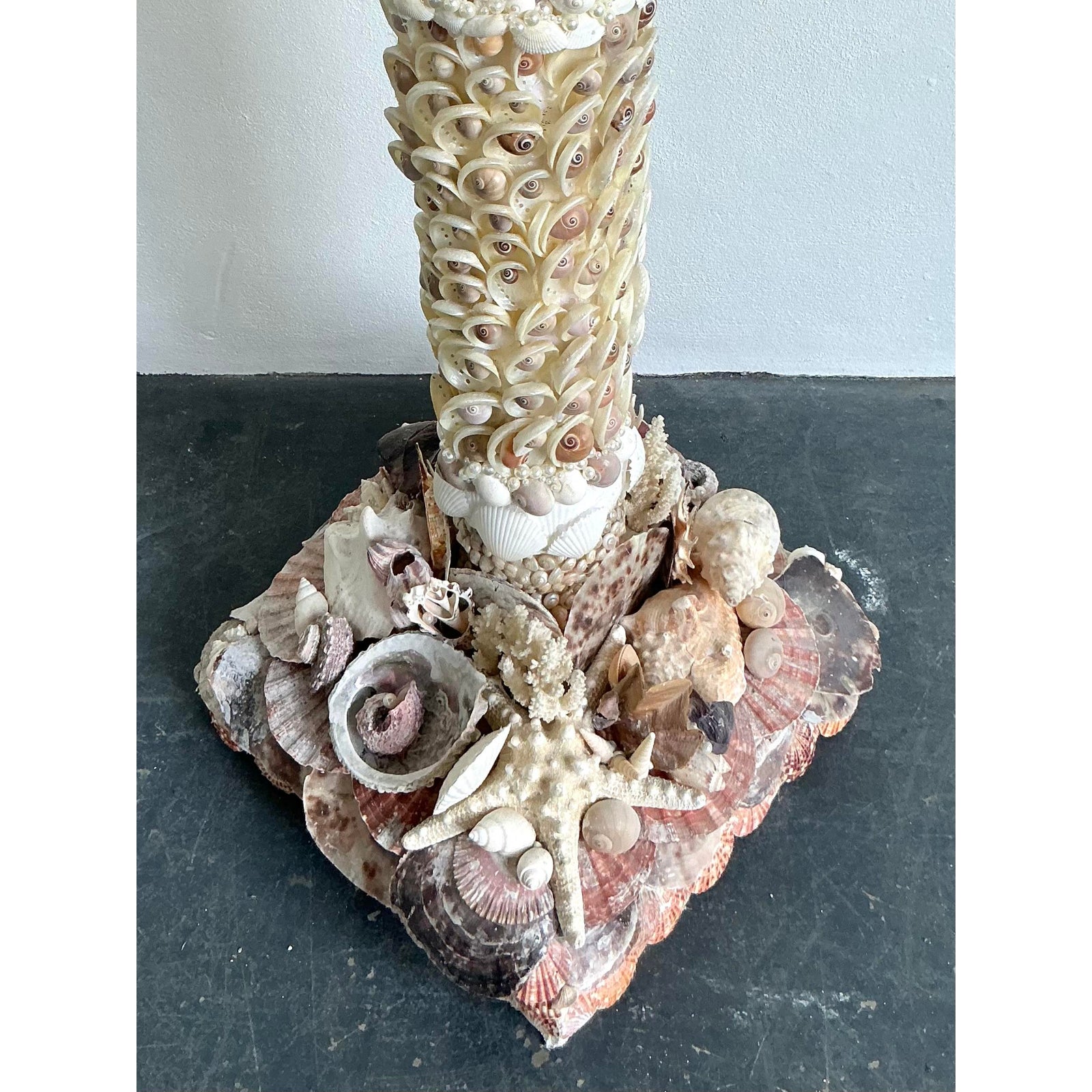 Vintage Coastal Shell Encrusted Pedestal With Scagliola Top - Top view