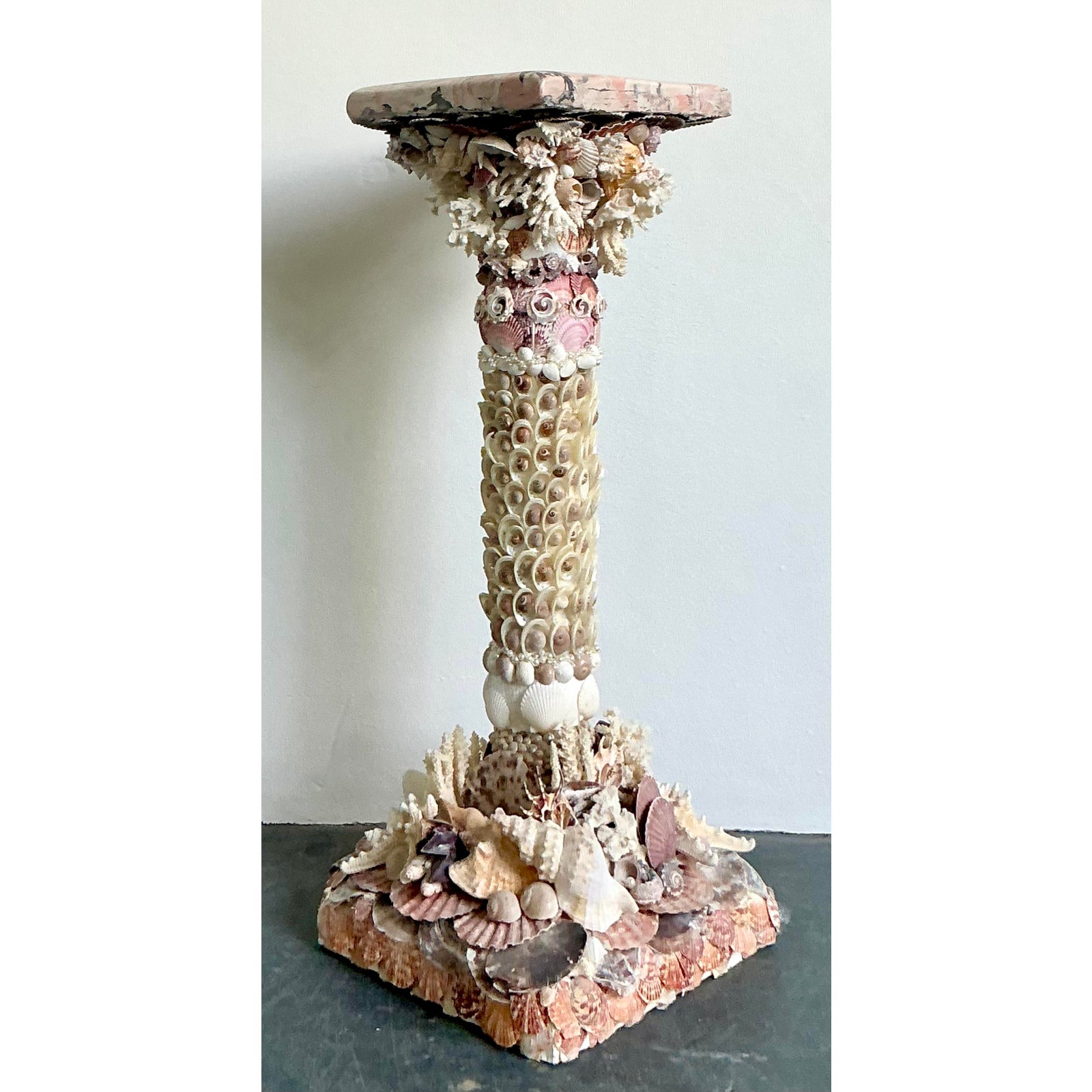 Vintage Coastal Shell Encrusted Pedestal With Scagliola Top - Detail view