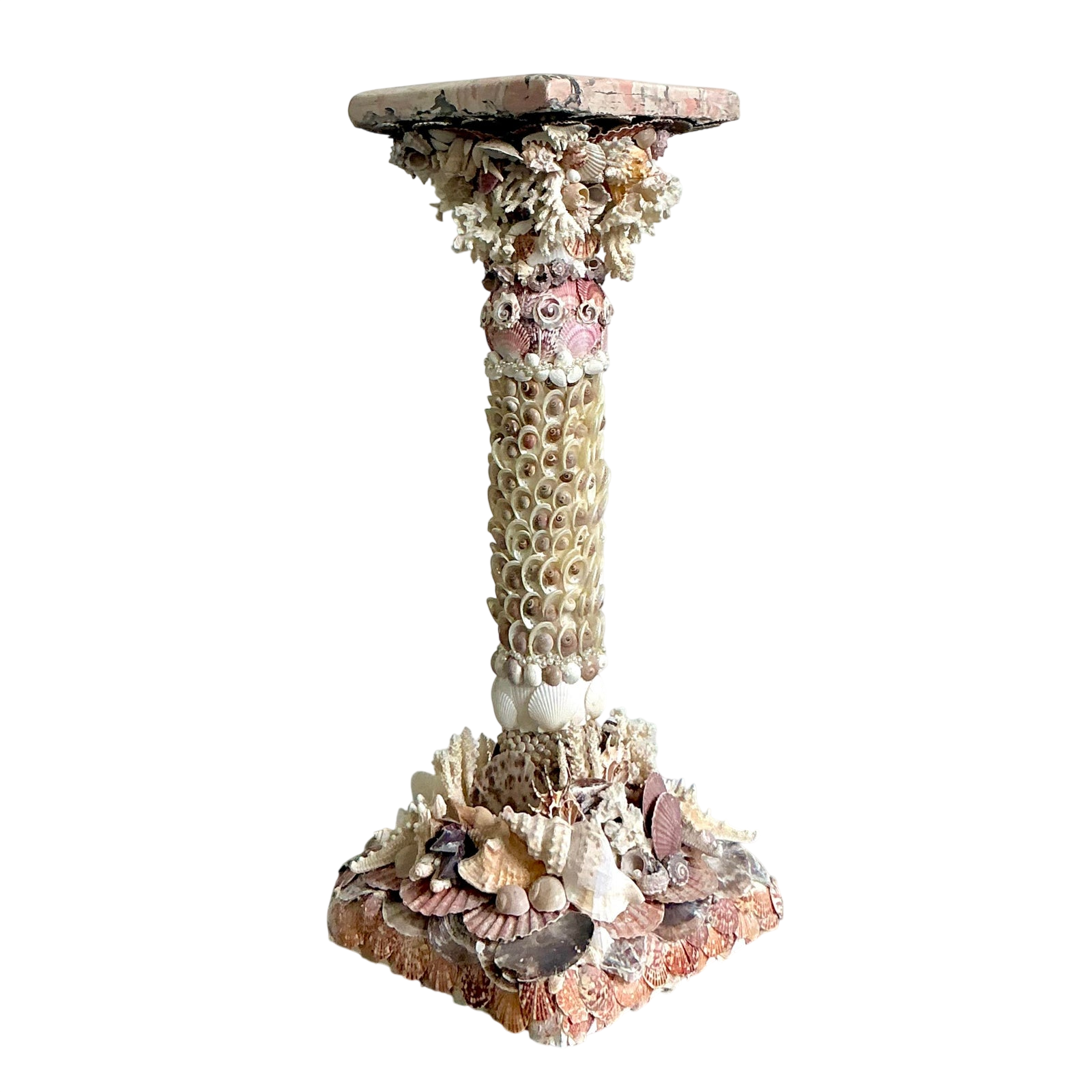 Vintage Coastal Shell Encrusted Pedestal With Scagliola Top
