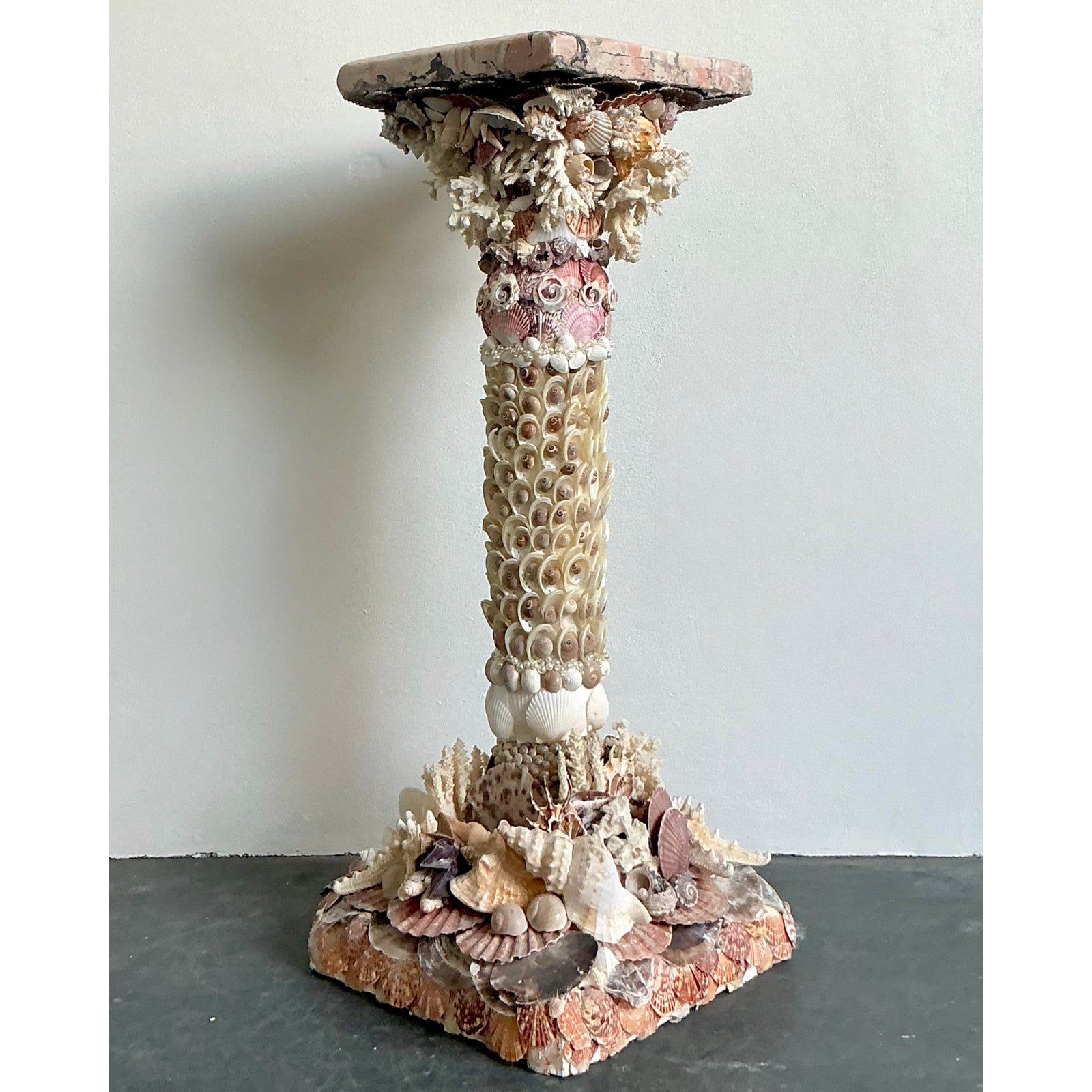 Vintage Coastal Shell Encrusted Pedestal With Scagliola Top - Side view