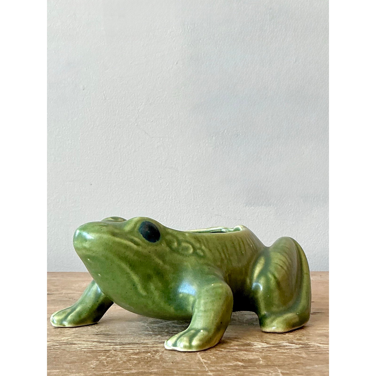 Vintage Boho Glazed Ceramic Frog Planter - Top view