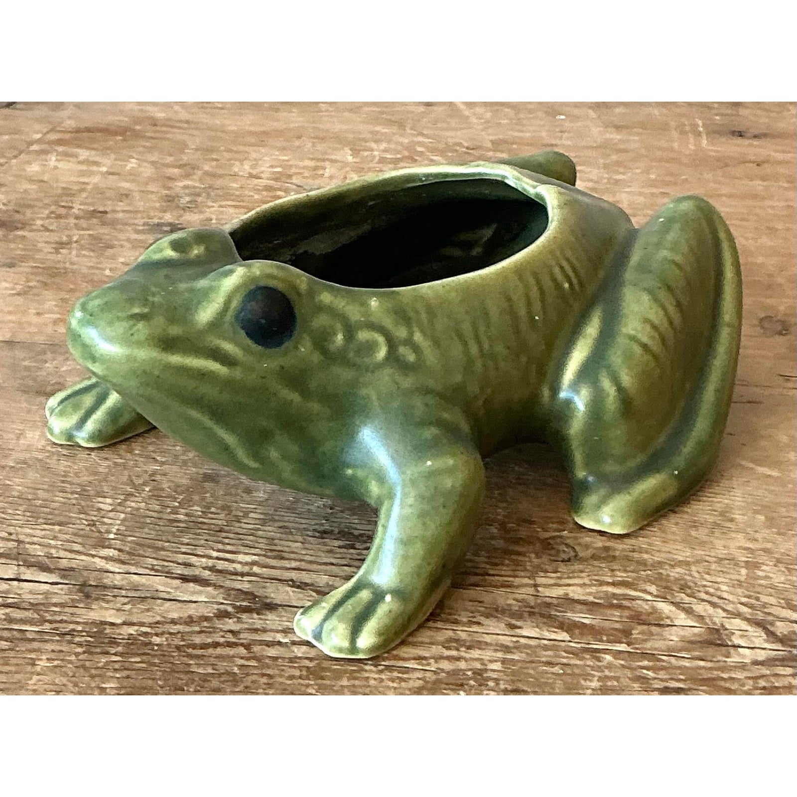 Vintage Boho Glazed Ceramic Frog Planter - Detail view