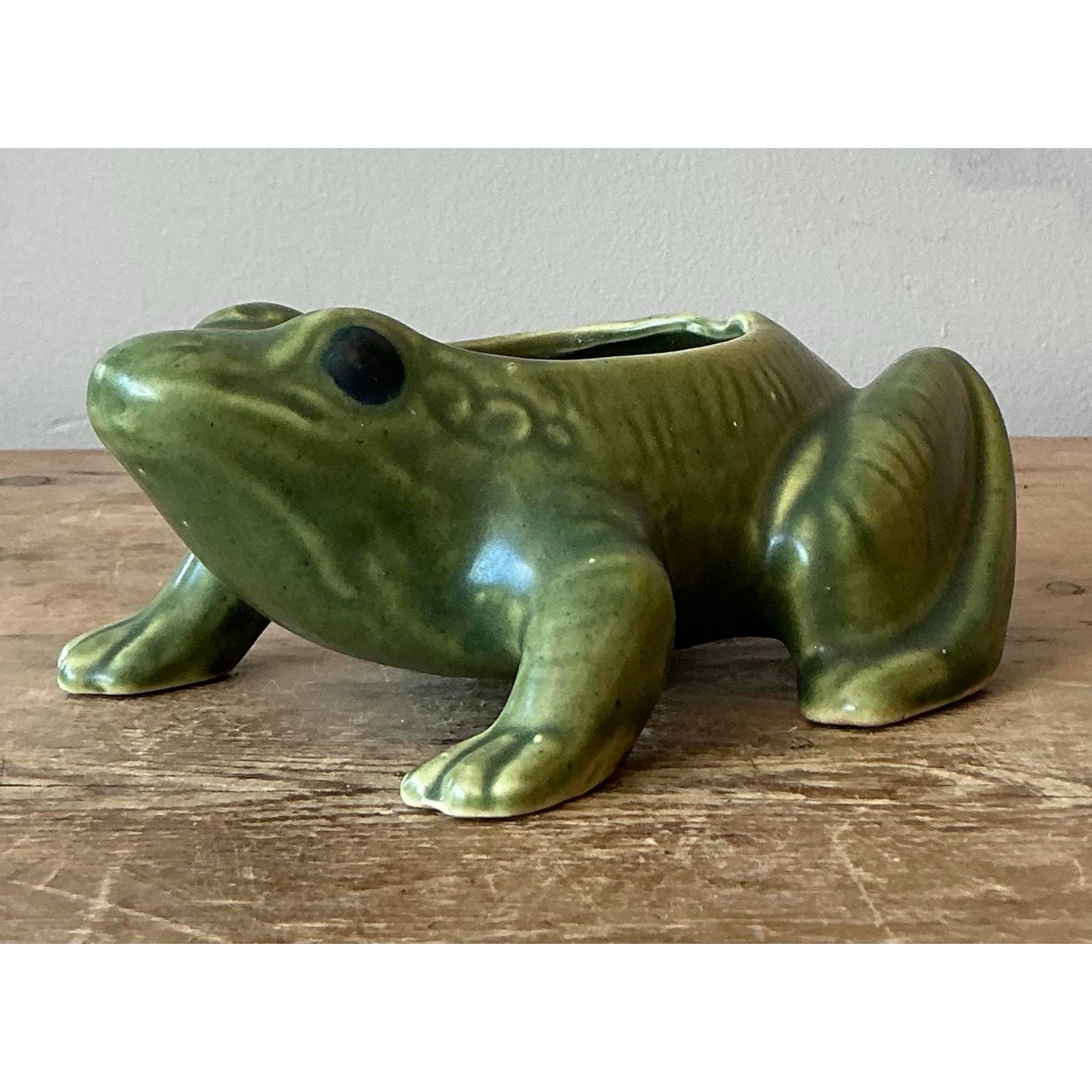 Vintage Boho Glazed Ceramic Frog Planter - Side view