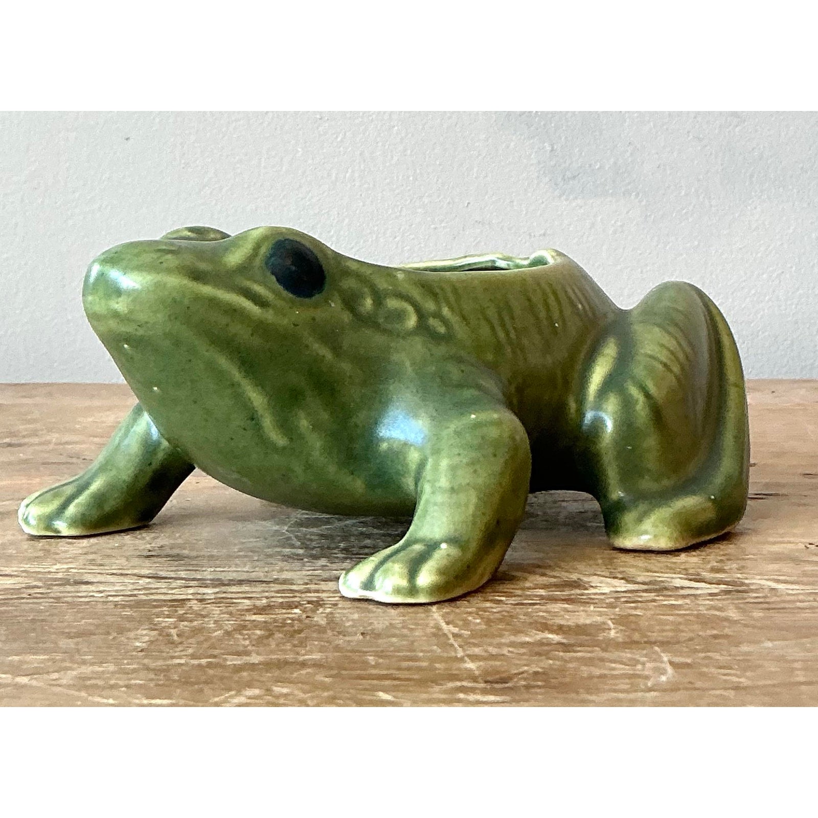 Vintage Boho Glazed Ceramic Frog Planter - Back view