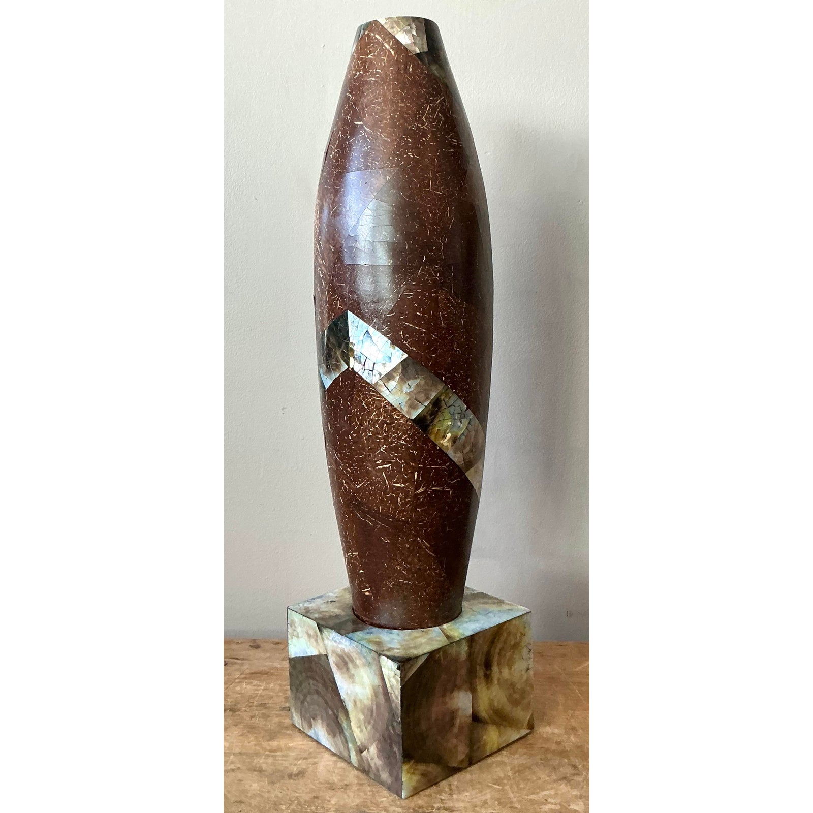 Vintage Boho Coconut Shell Vase - Side view
