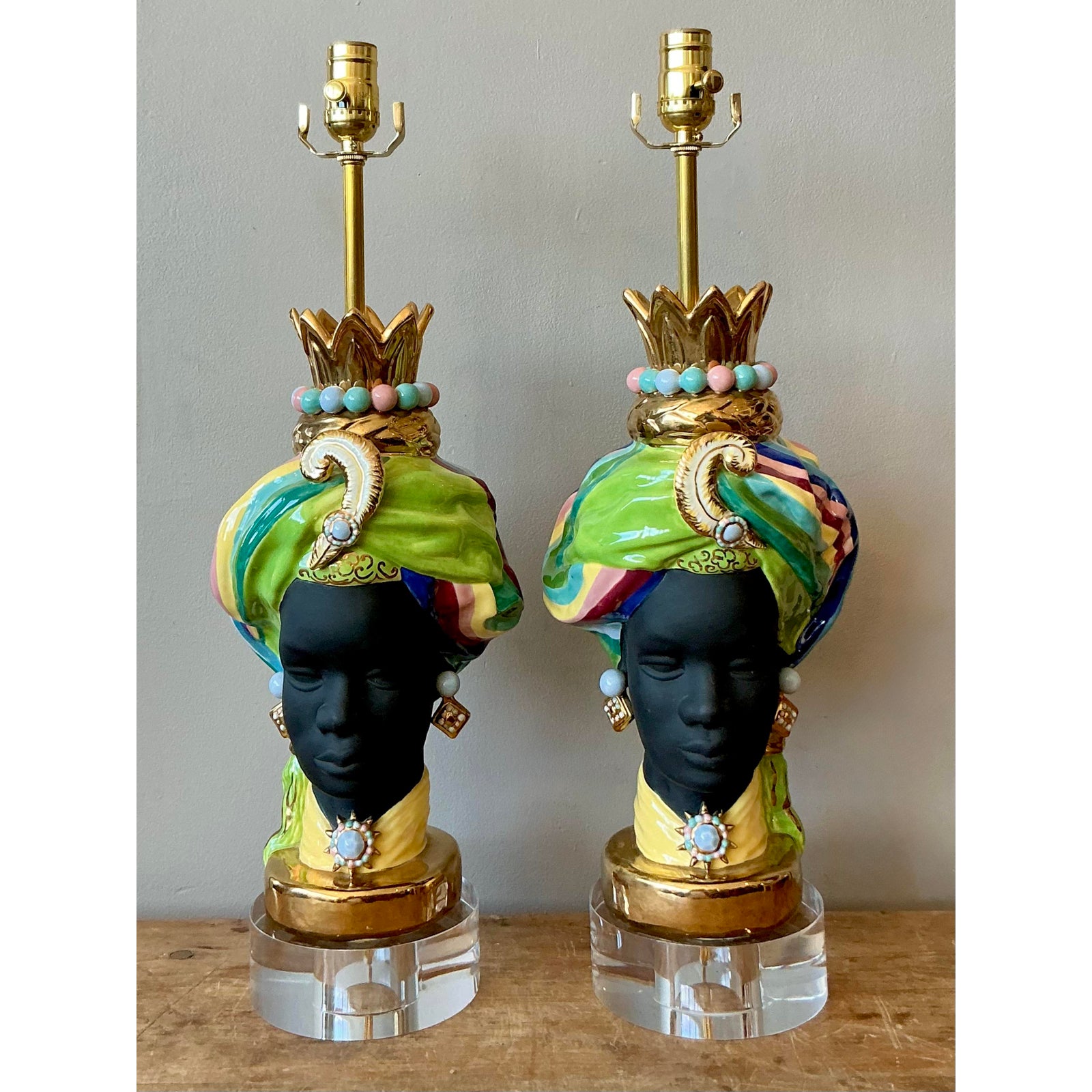 Vintage Regency Glazed Ceramic Gypsy Lamps - A Pair - Back view
