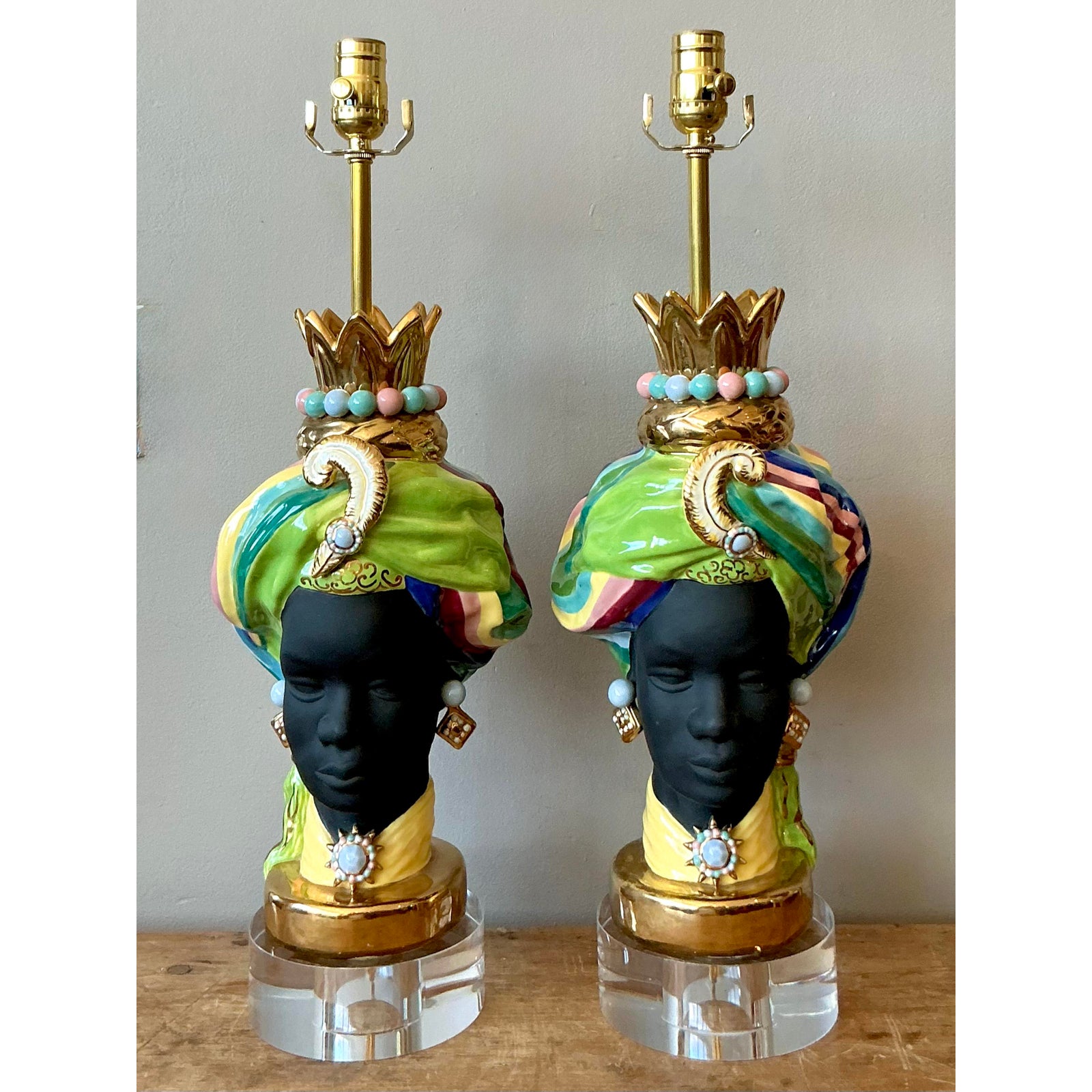 Vintage Regency Glazed Ceramic Gypsy Lamps - A Pair - Top view
