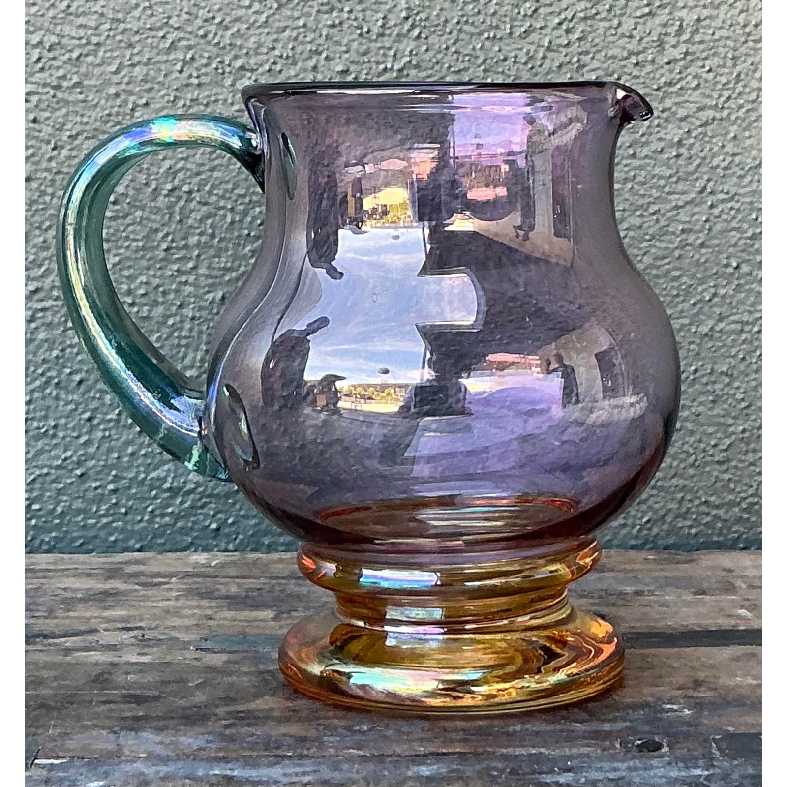 Vintage Boho Iridescent Glass Pitcher - Back view