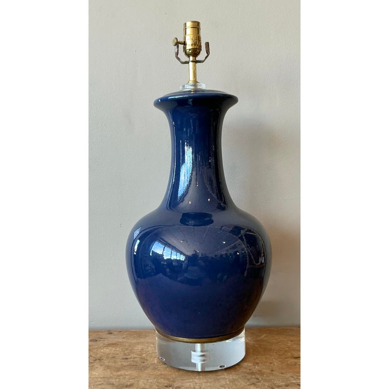 Vintage Regency Glazed Ceramic Bottle Lamp on Lucite Plinth - Side view