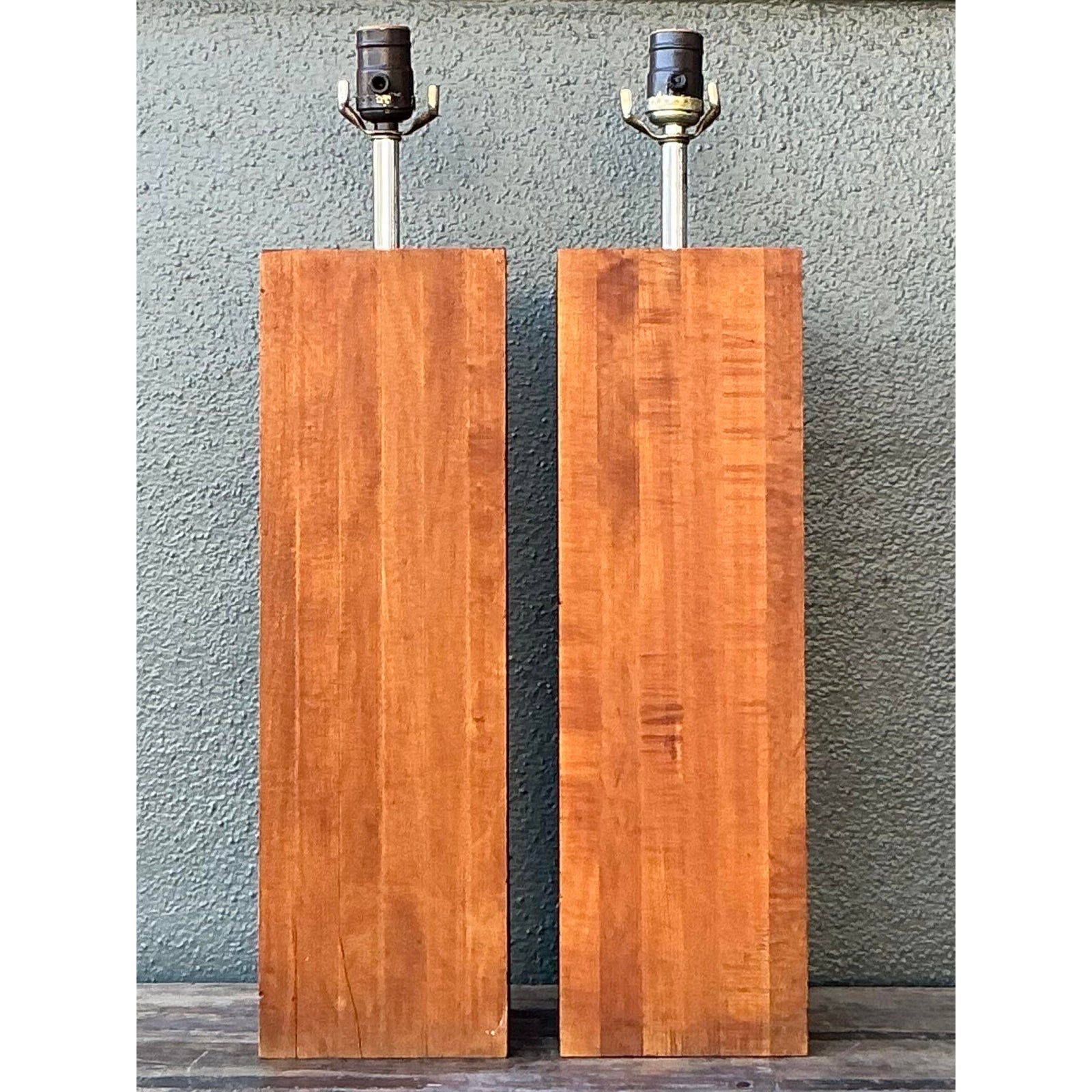 Vintage Boho Wood Block Lamps - A Pair - Detail view