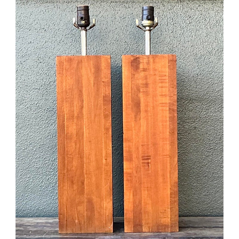 Vintage Boho Wood Block Lamps - A Pair - Side view