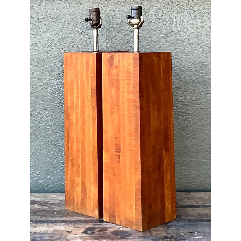 Vintage Boho Wood Block Lamps - A Pair - Back view