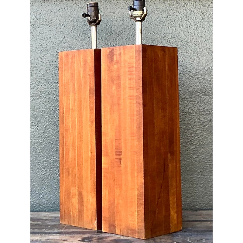 Vintage Boho Wood Block Lamps - A Pair - Top view