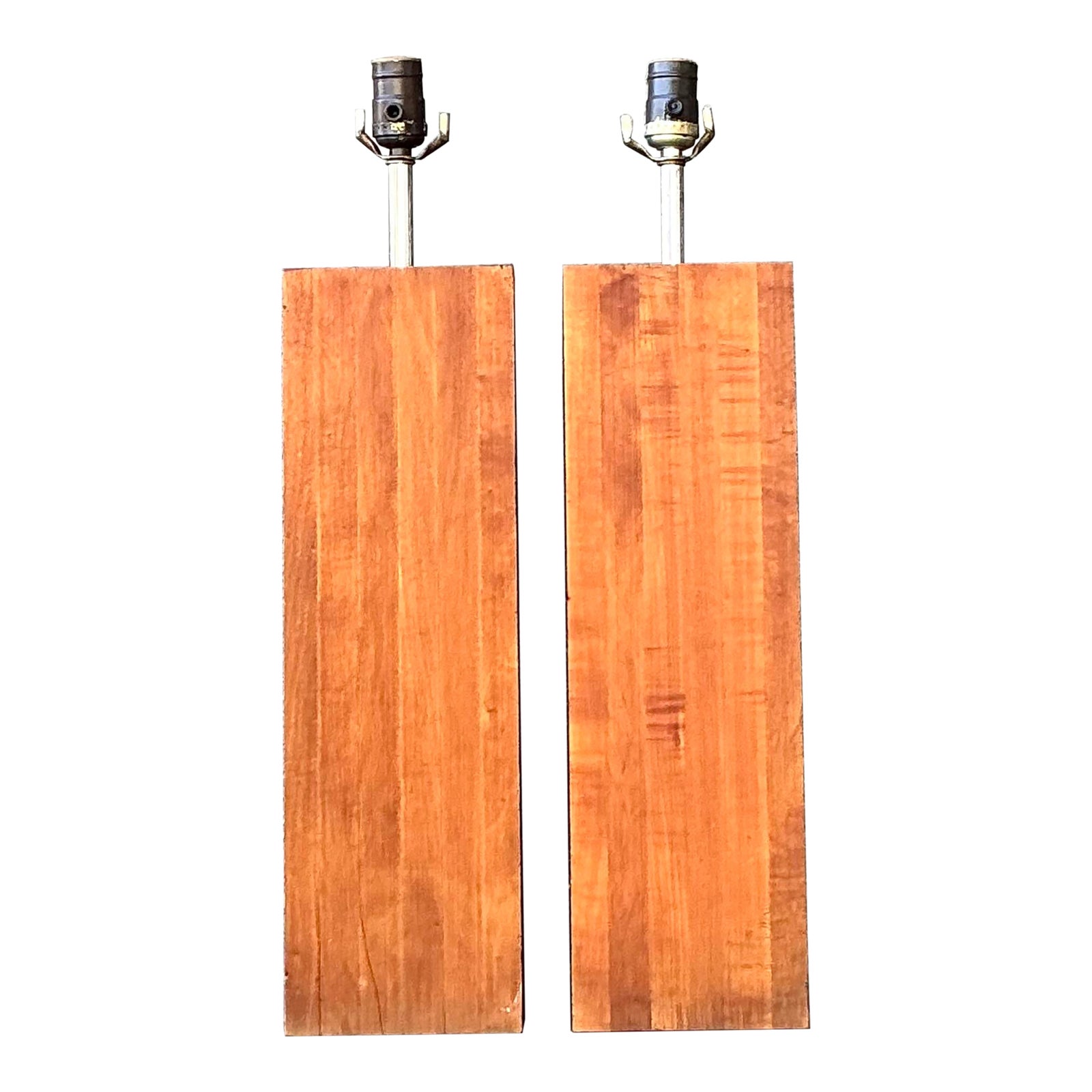 Vintage Boho Wood Block Lamps - A Pair