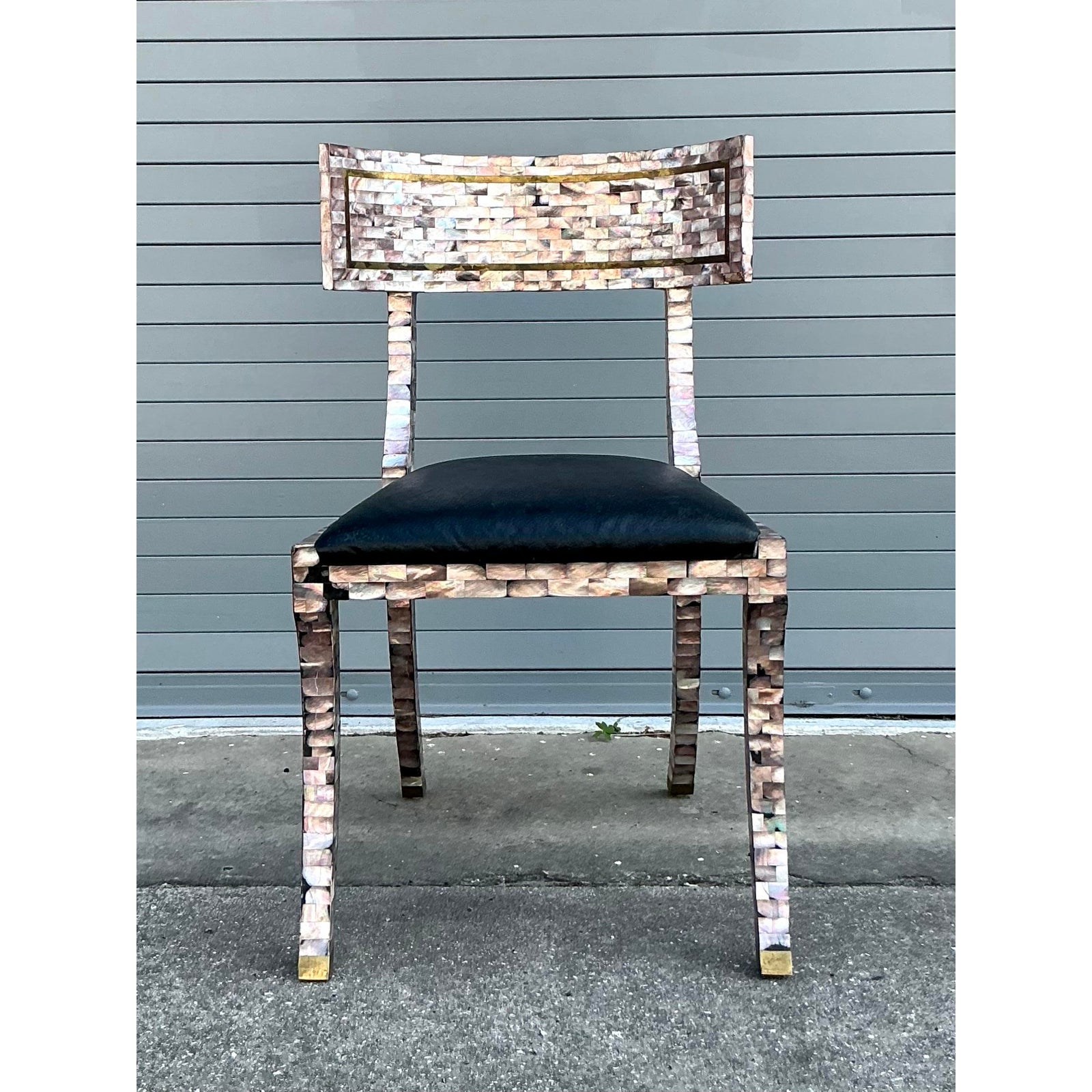 Vintage Boho Maitland Smith Tessellated Capiz Shell Klismos Chair - Detail view