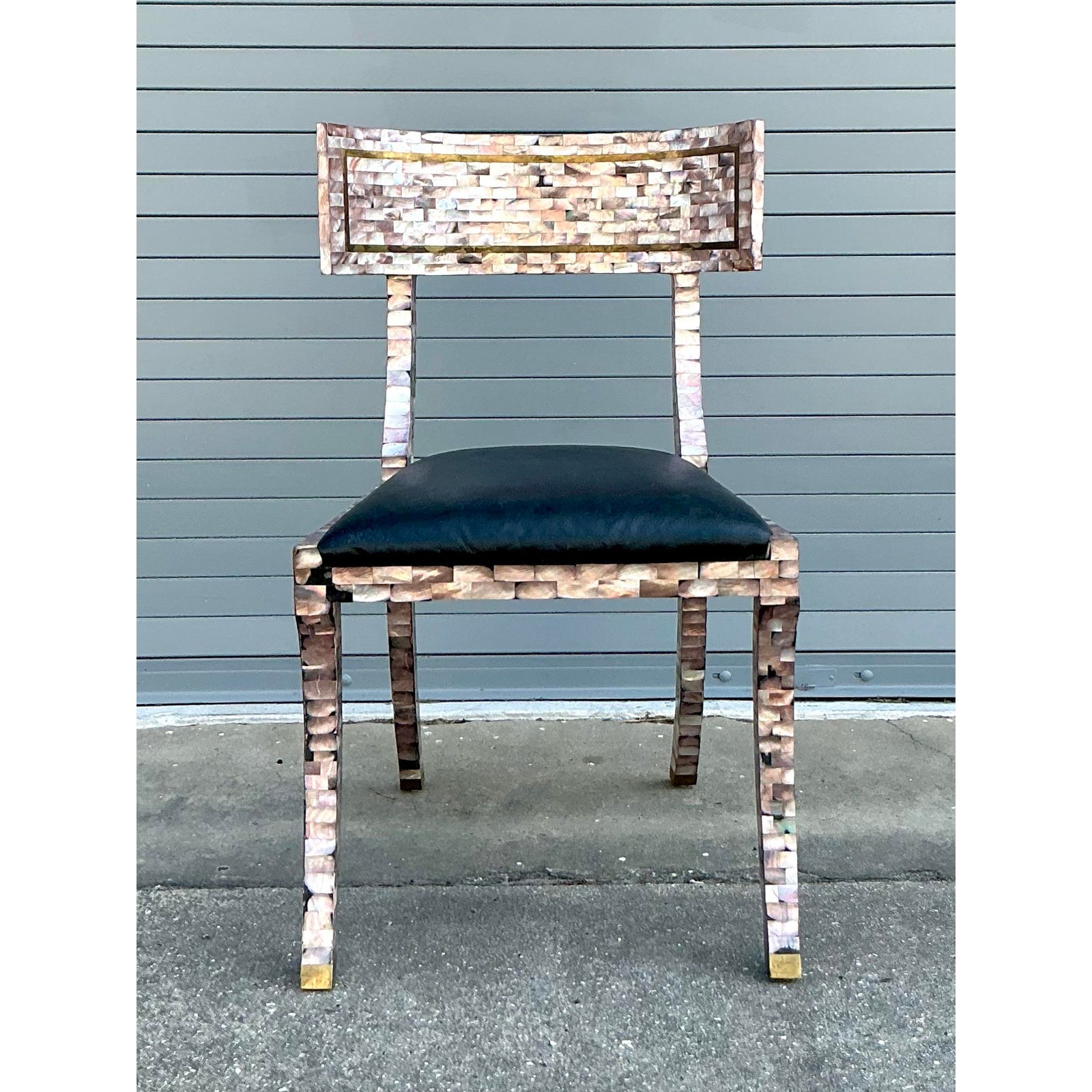 Vintage Boho Maitland Smith Tessellated Capiz Shell Klismos Chair - Side view