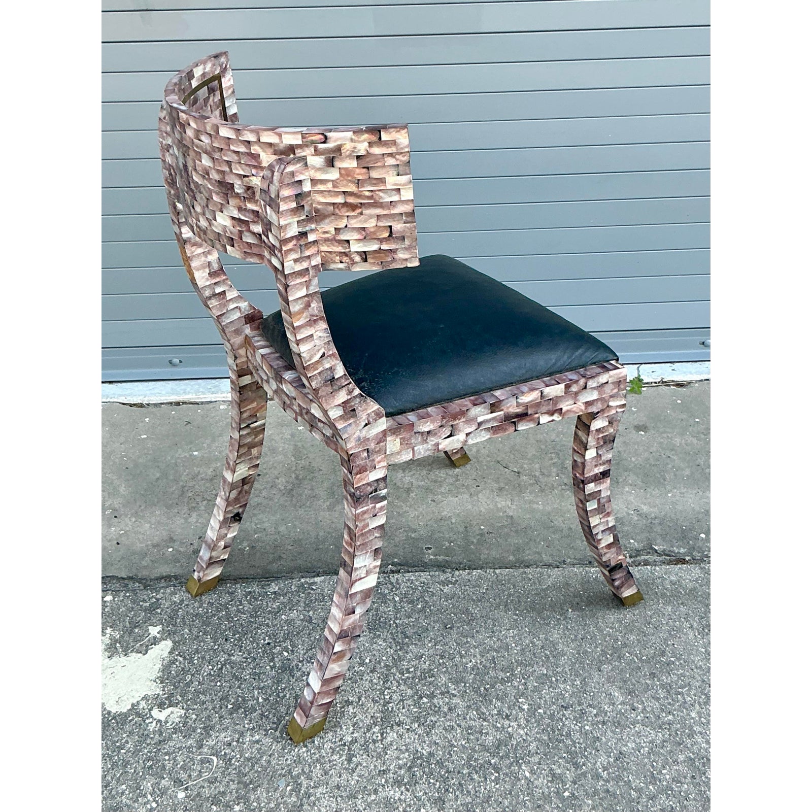 Vintage Boho Maitland Smith Tessellated Capiz Shell Klismos Chair - Back view