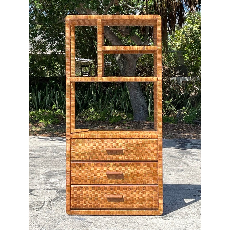 Vintage Coastal Woven Rattan Etagere - Detail view