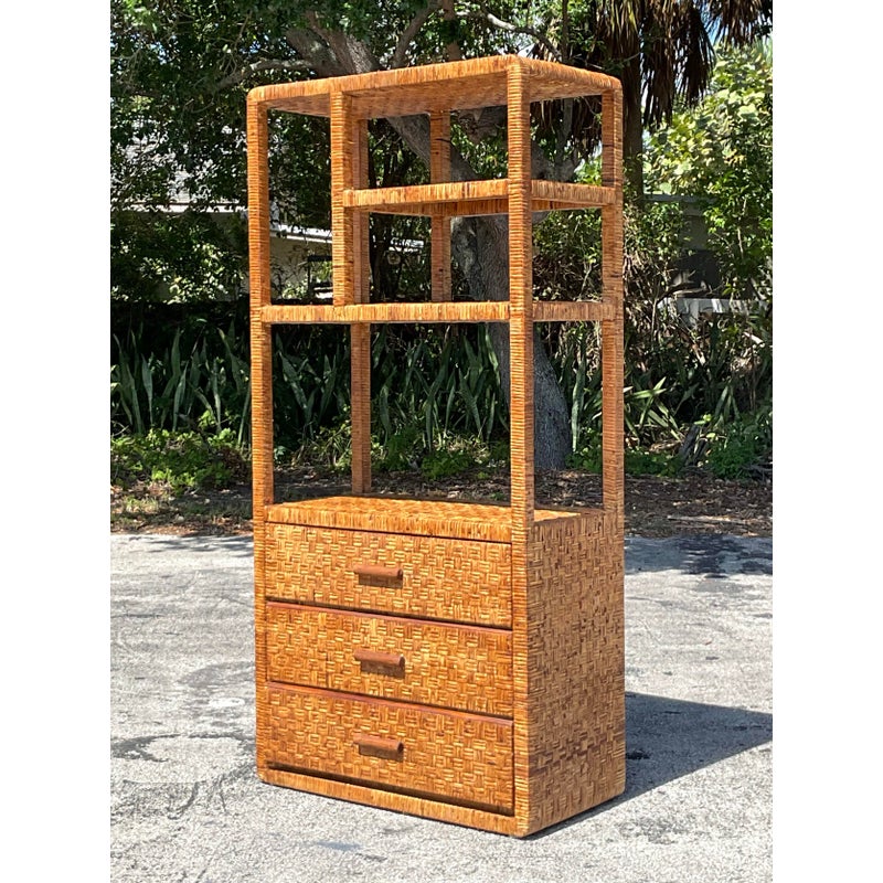 Vintage Coastal Woven Rattan Etagere - Side view