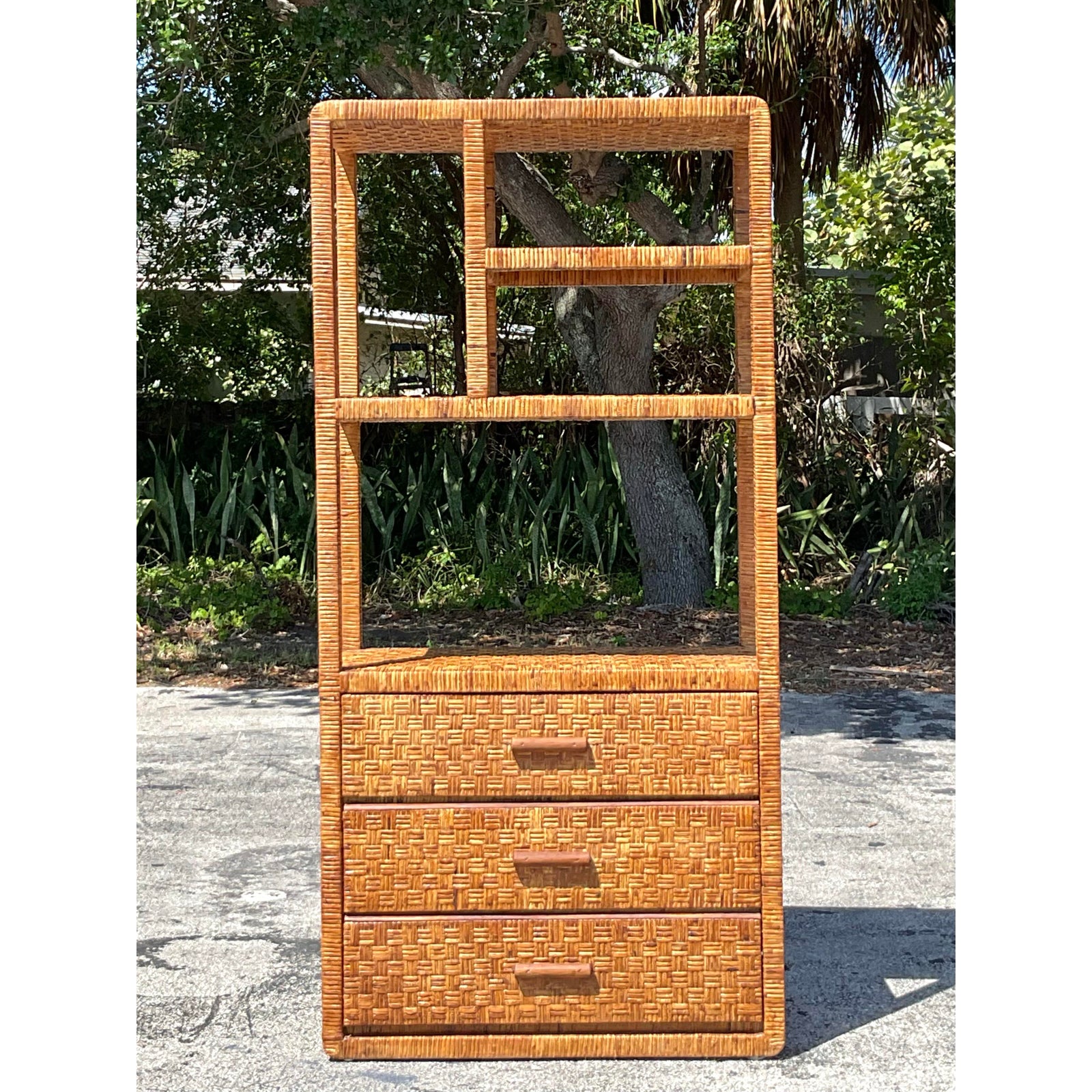 Vintage Coastal Woven Rattan Etagere - Back view