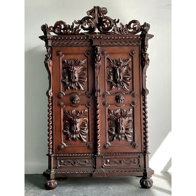 Vintage Boho Black Forest Carved Oak Armoire - Detail view