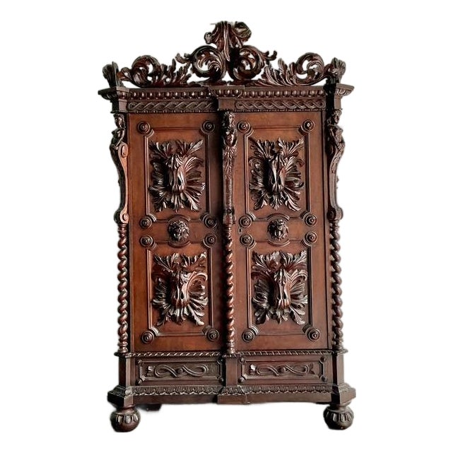 Vintage Boho Black Forest Carved Oak Armoire