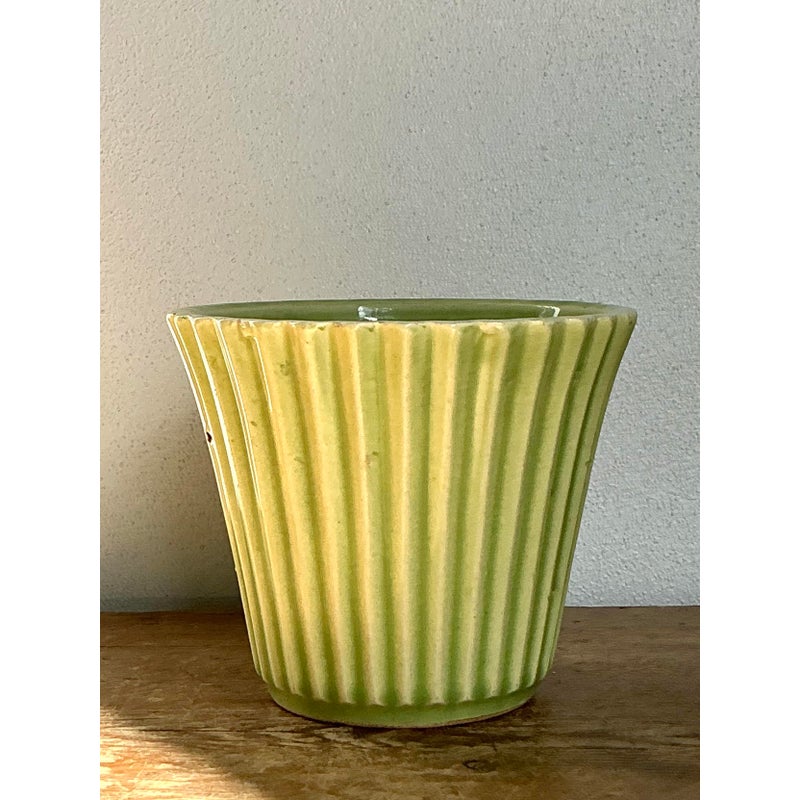 Vintage Boho French Glazed Ceramic Pleated Vase - Detail view