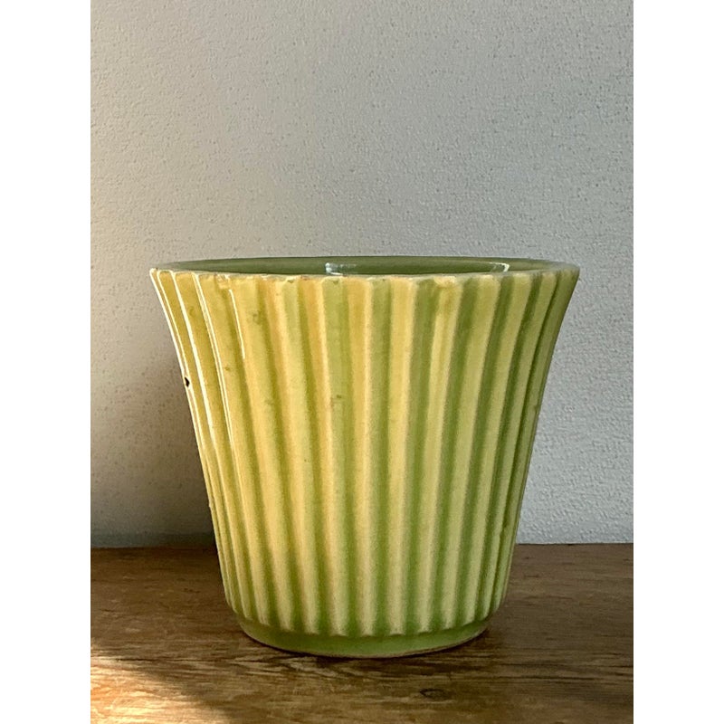 Vintage Boho French Glazed Ceramic Pleated Vase - Top view