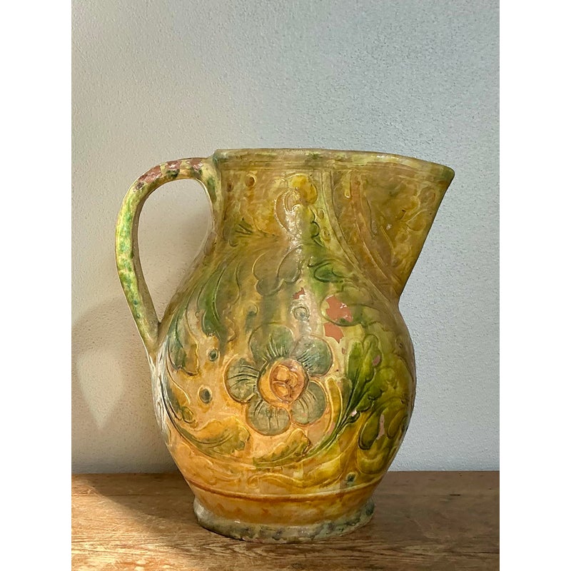 Vintage Boho Glazed Ceramic Floral Pitcher - Top view