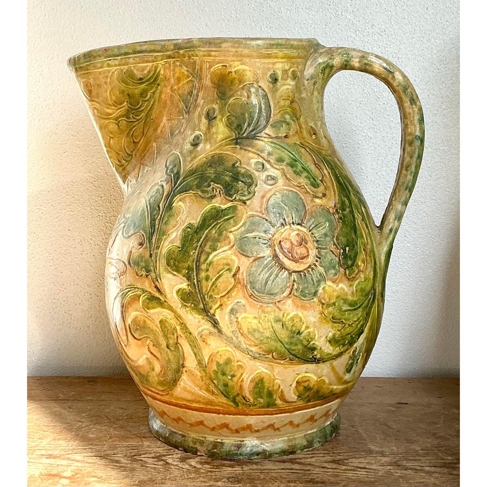 Vintage Boho Glazed Ceramic Floral Pitcher - Detail view