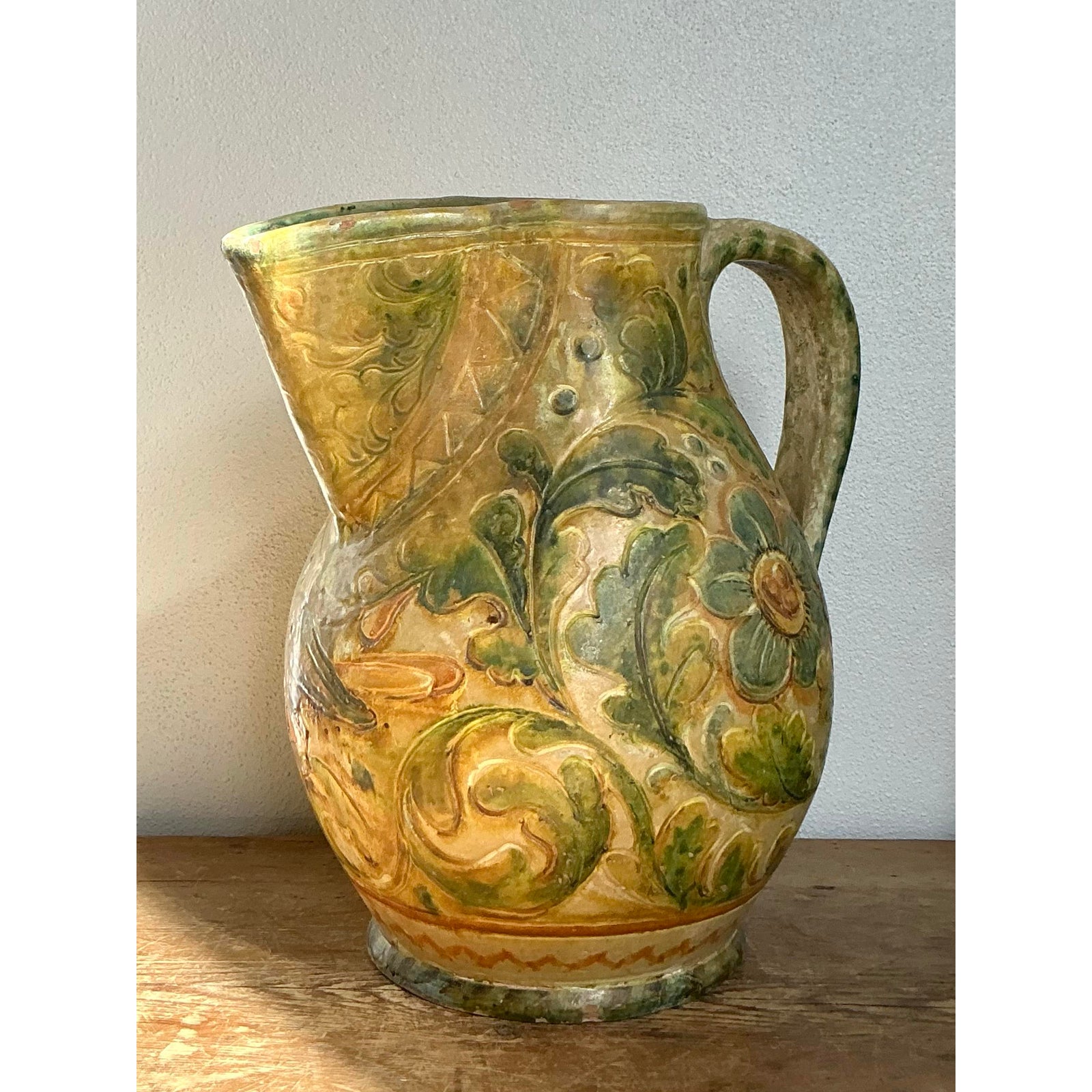 Vintage Boho Glazed Ceramic Floral Pitcher - Back view