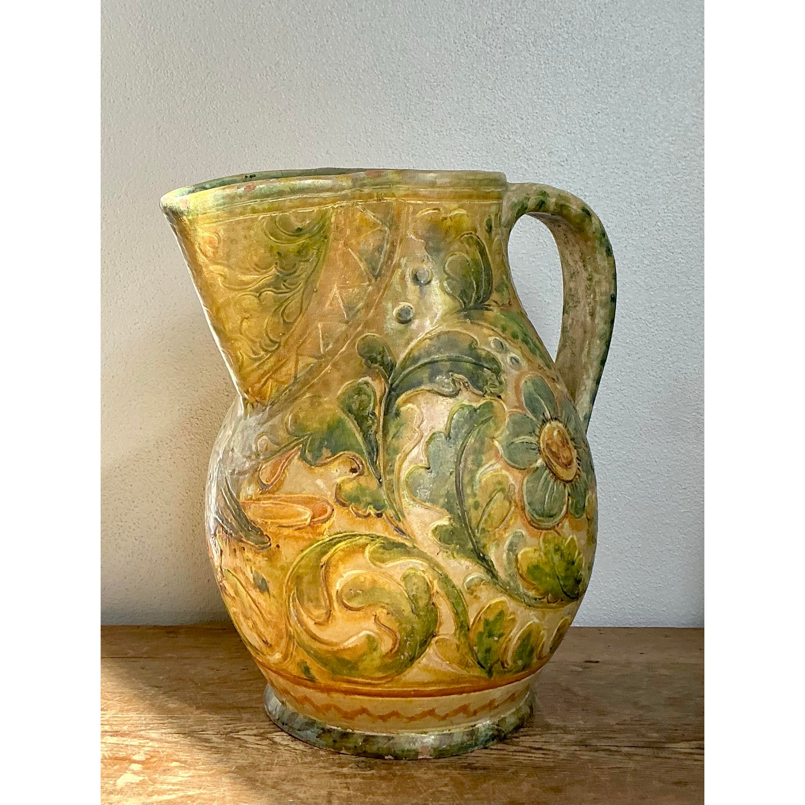 Vintage Boho Glazed Ceramic Floral Pitcher - Side view